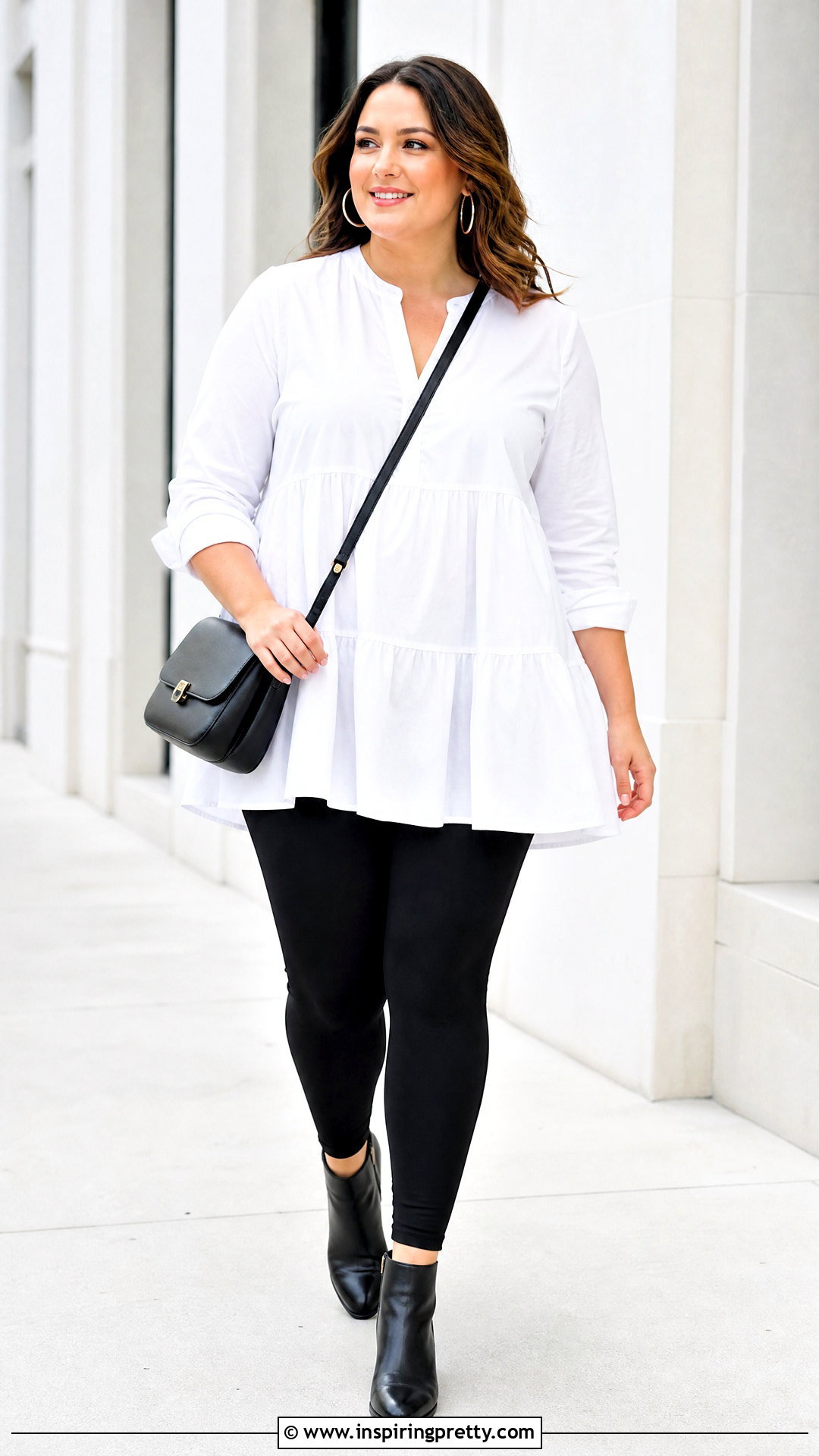White Tunic Top With Black Leggings And Ankle Boots - 20 pants to wear with tunic tops outfit ideas