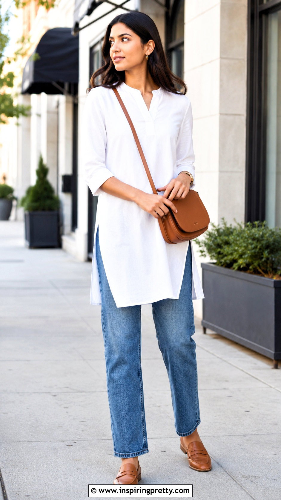 White Tunic Top With Straight Leg Jeans - 50 Tunic Top outfit ideas