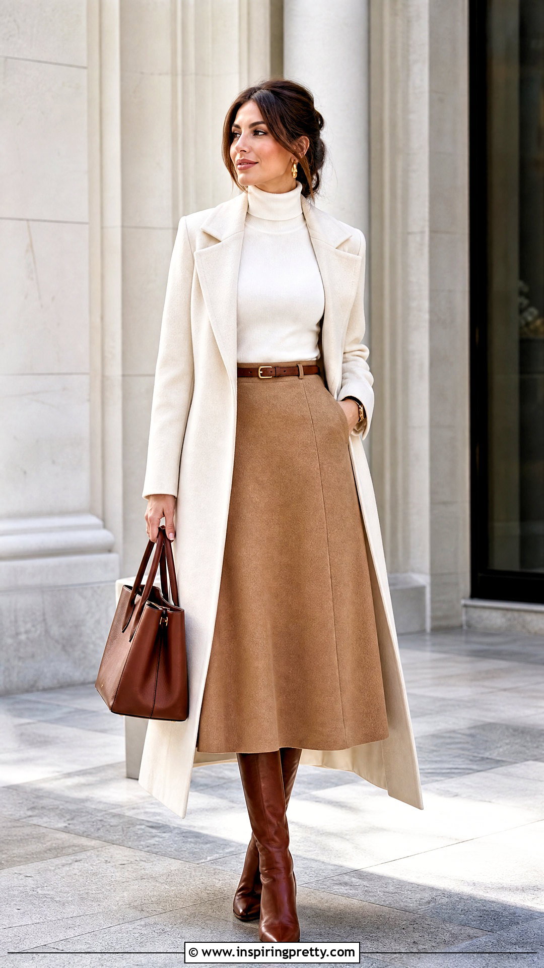 White Turtleneck And Wool Midi Skirt Outfit - 50 white top and skirt outfit ideas
