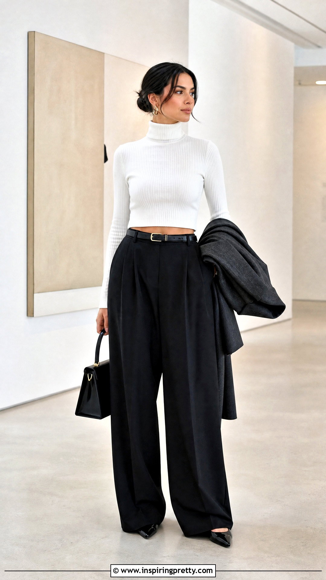 White Turtleneck Crop Top With Black Wide Leg Trousers - 20 White Turtleneck Crop Top Long Sleeve outfit ideas