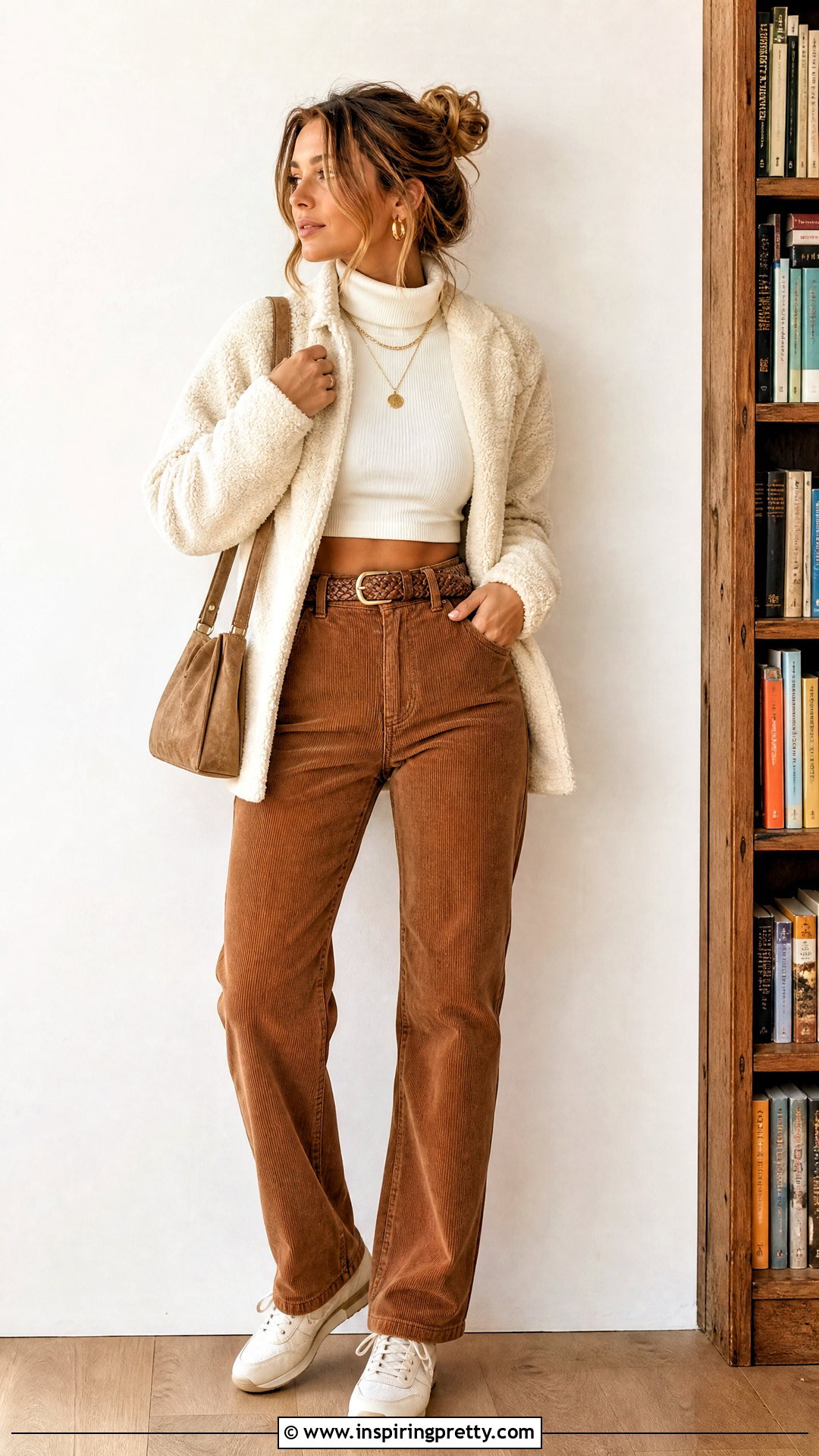 White Turtleneck Crop Top With Brown Corduroy Pants - 20 White Turtleneck Crop Top Long Sleeve outfit ideas