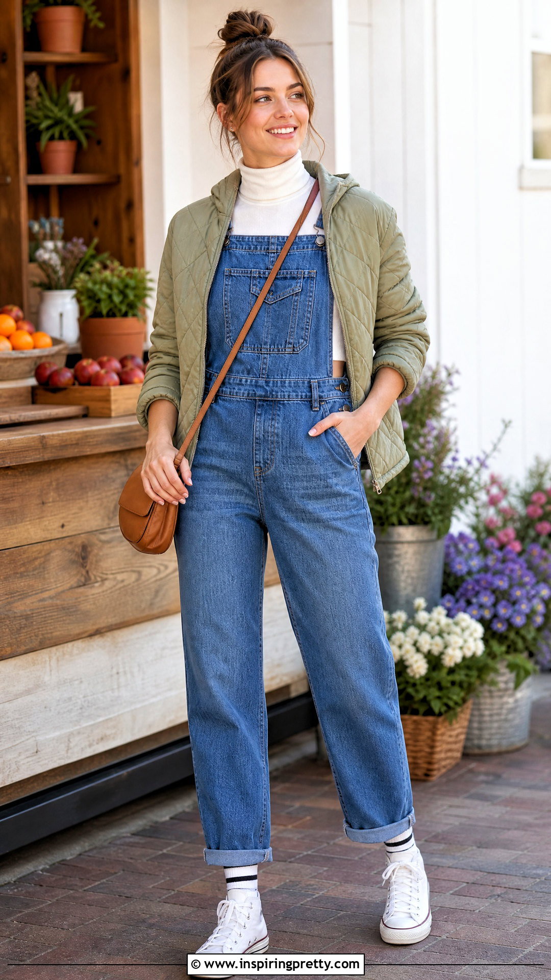 White Turtleneck Crop Top With Denim Overalls - 20 White Turtleneck Crop Top Long Sleeve outfit ideas