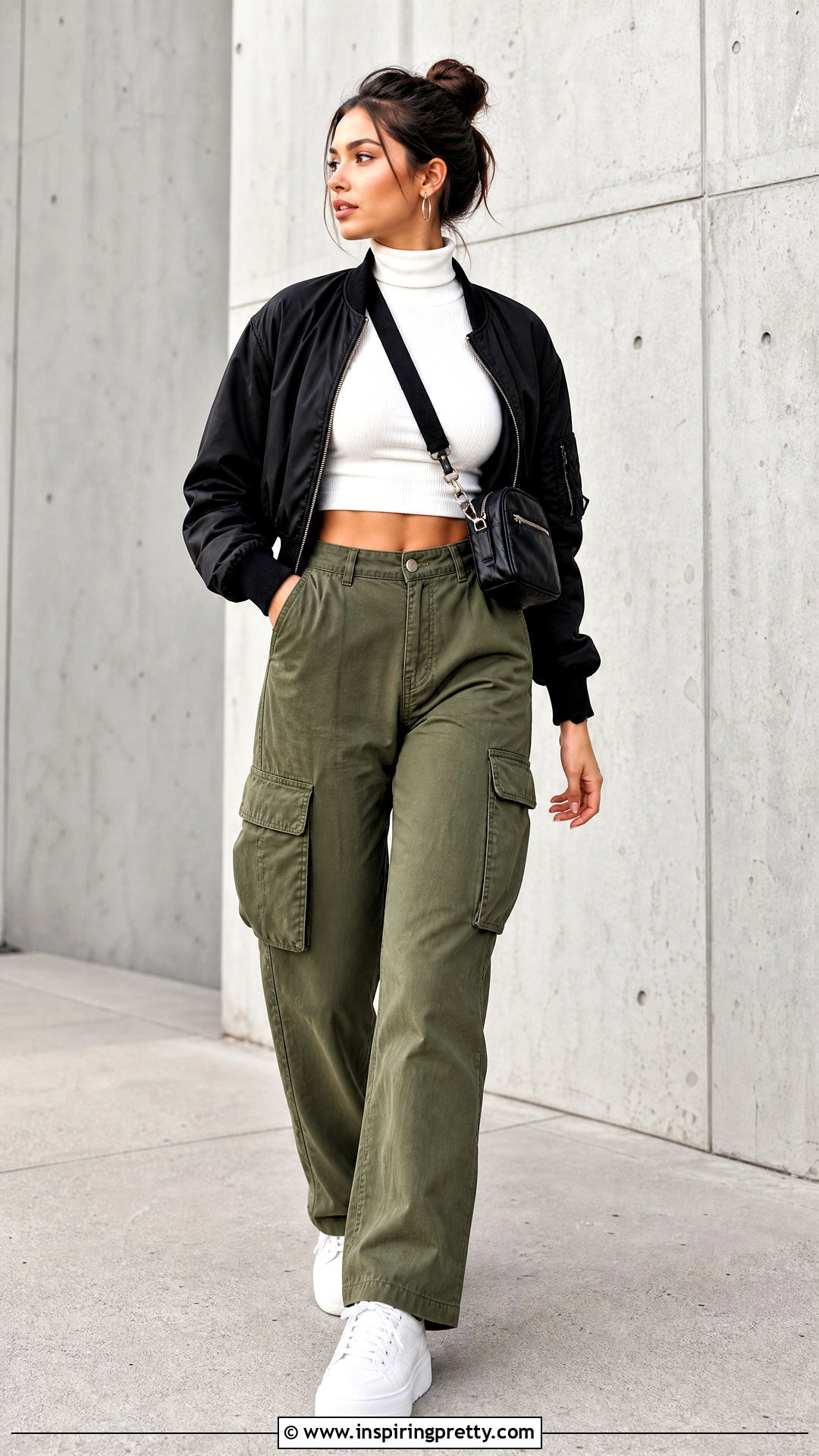 White Turtleneck Crop Top With Olive Cargo Pants - 20 White Turtleneck Crop Top Long Sleeve outfit ideas