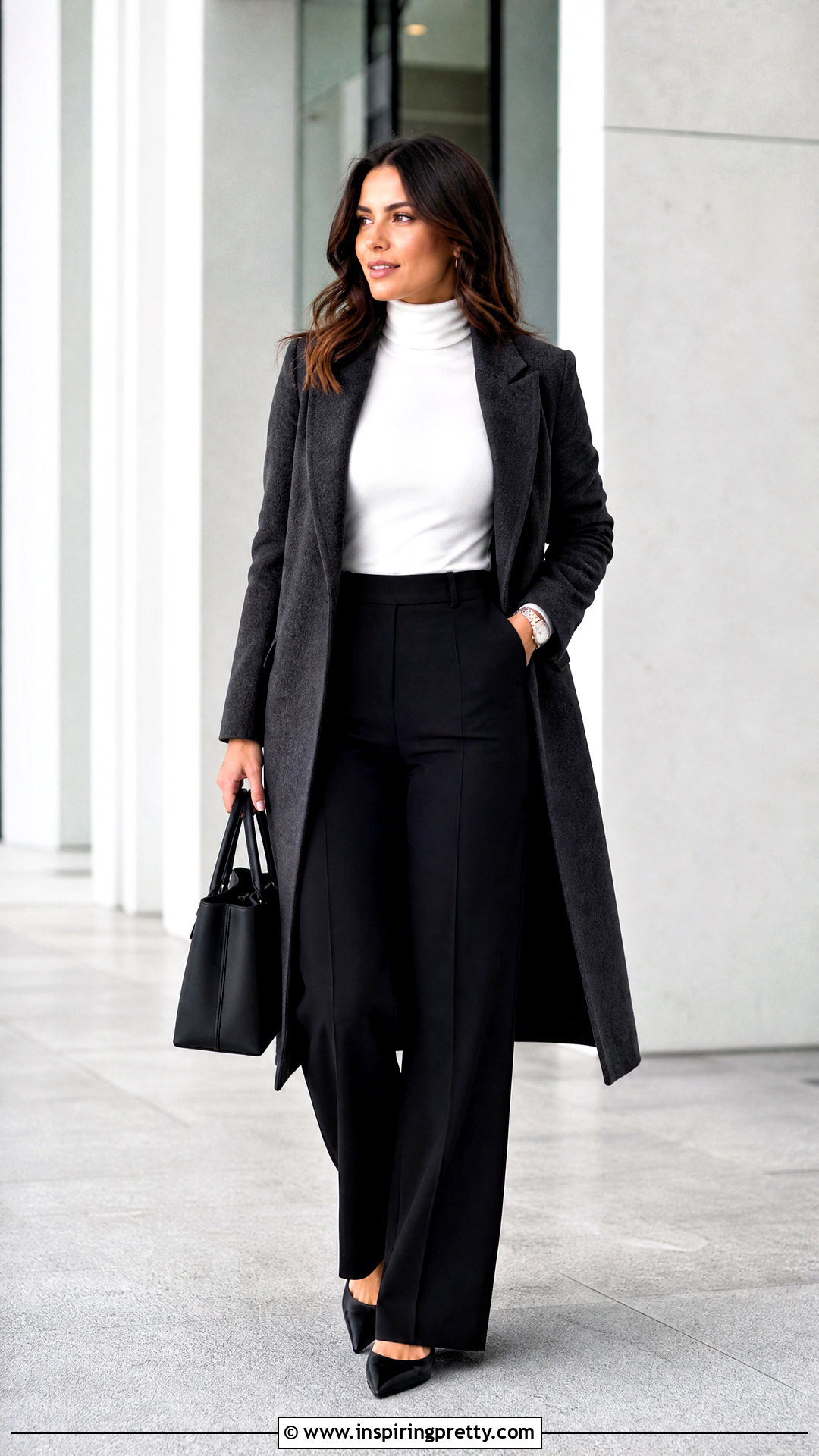 White Turtleneck Top With Wide Leg Trousers - 50 Turtle Neck Top outfit ideas
