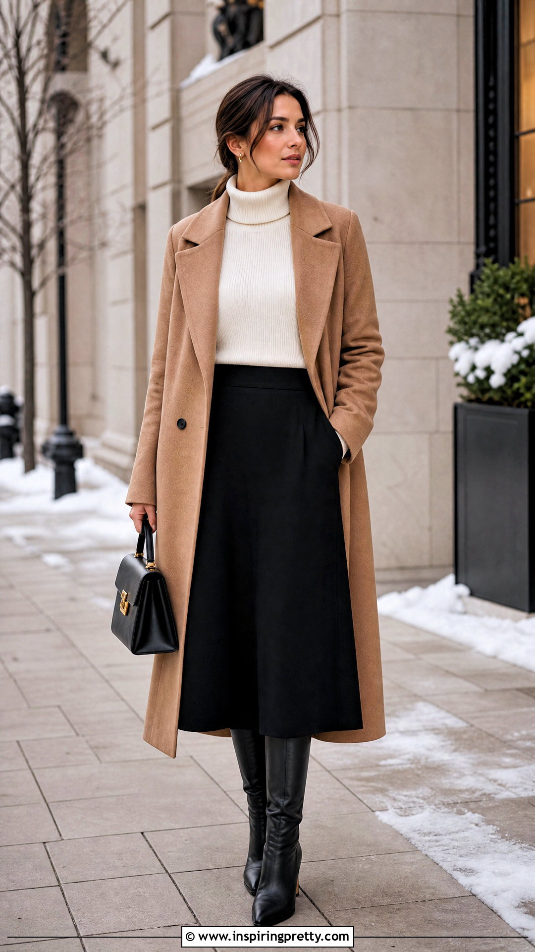 White Turtleneck With Black Midi Skirt - 20 Minimalist White Top outfit ideas