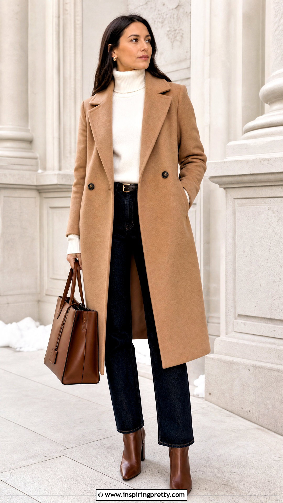 White Turtleneck With Camel Coat - 50 white top outfit ideas