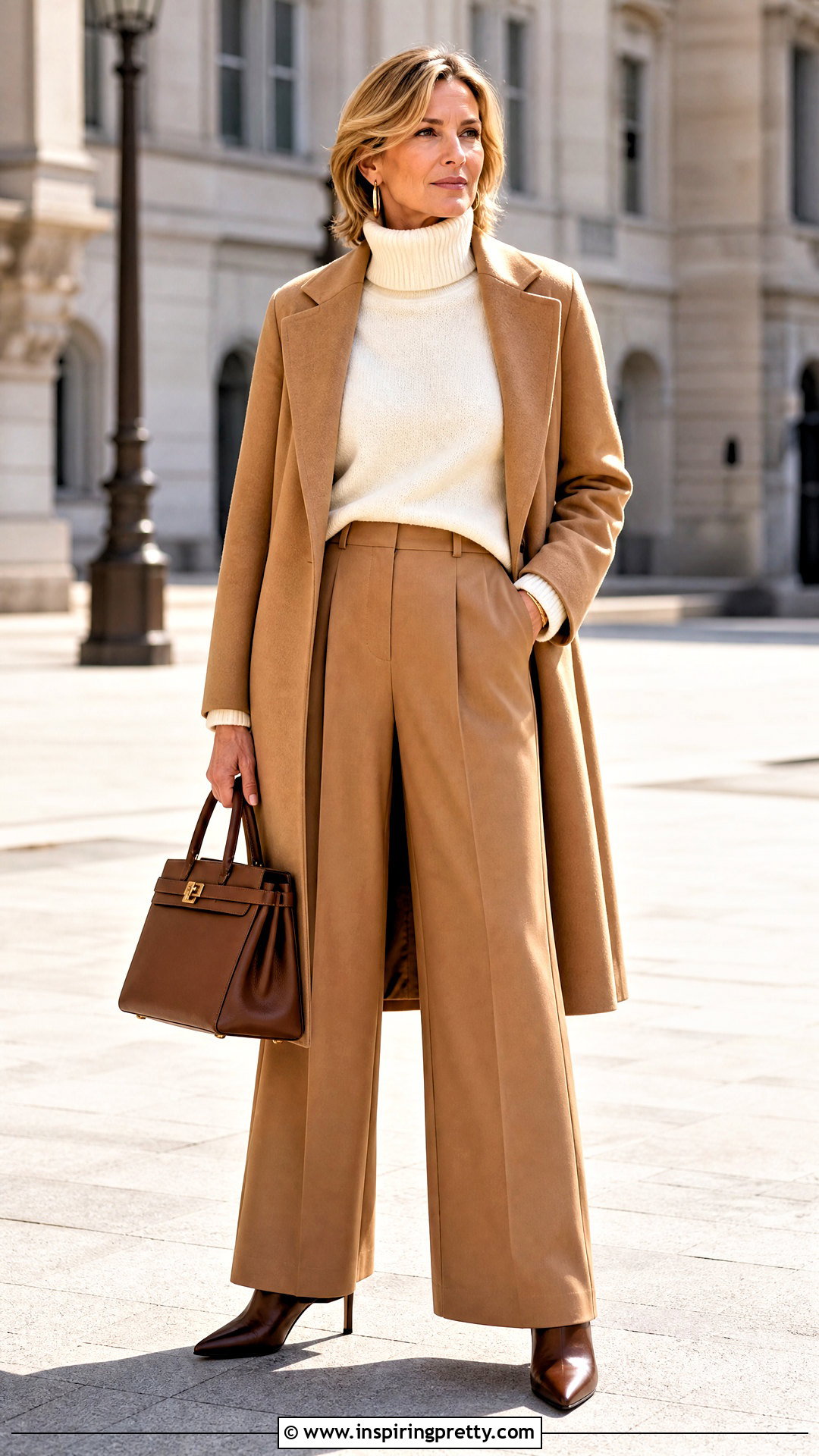 White Turtleneck With Camel Trousers - 50 white top aesthetic ideas