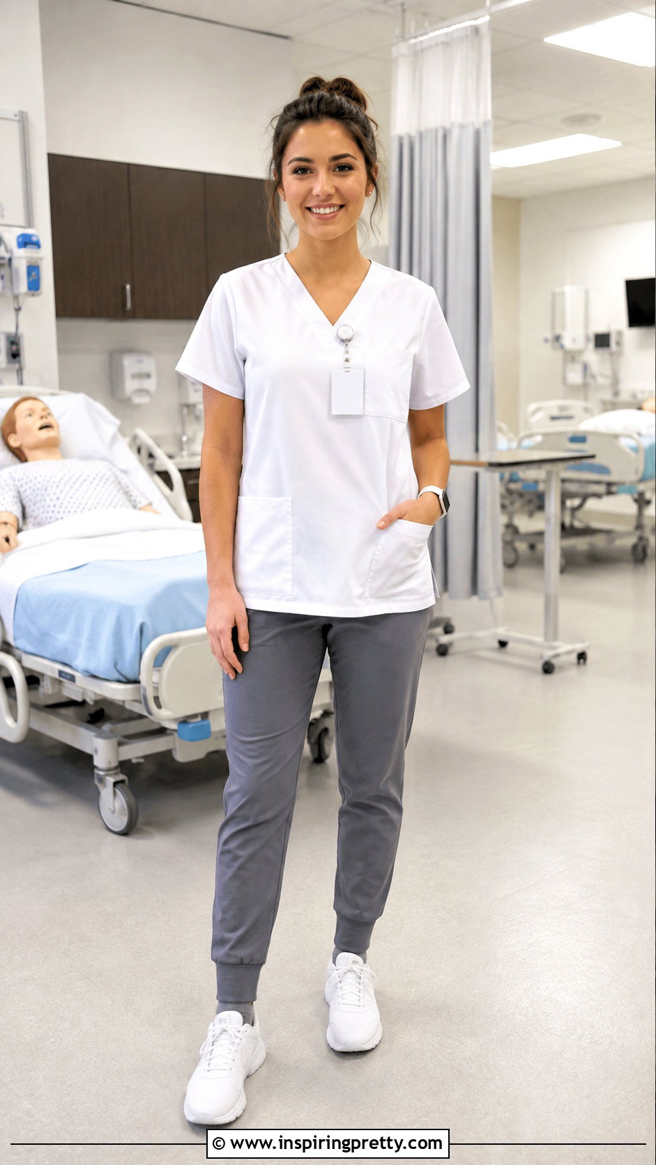 White V Neck Nurse Scrub Top With Pewter Pants - 25 nurses uniform tops outfit ideas