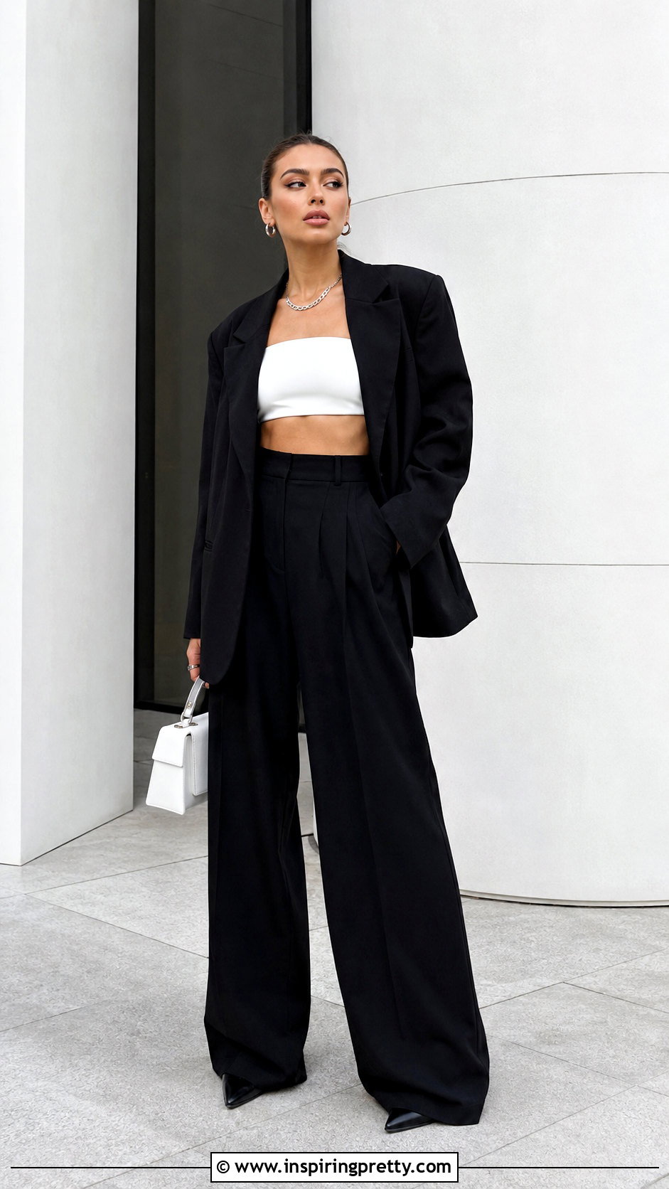 White Wet Look Crop Top With Black Pants - 20 Wet Look Crop Top outfit ideas