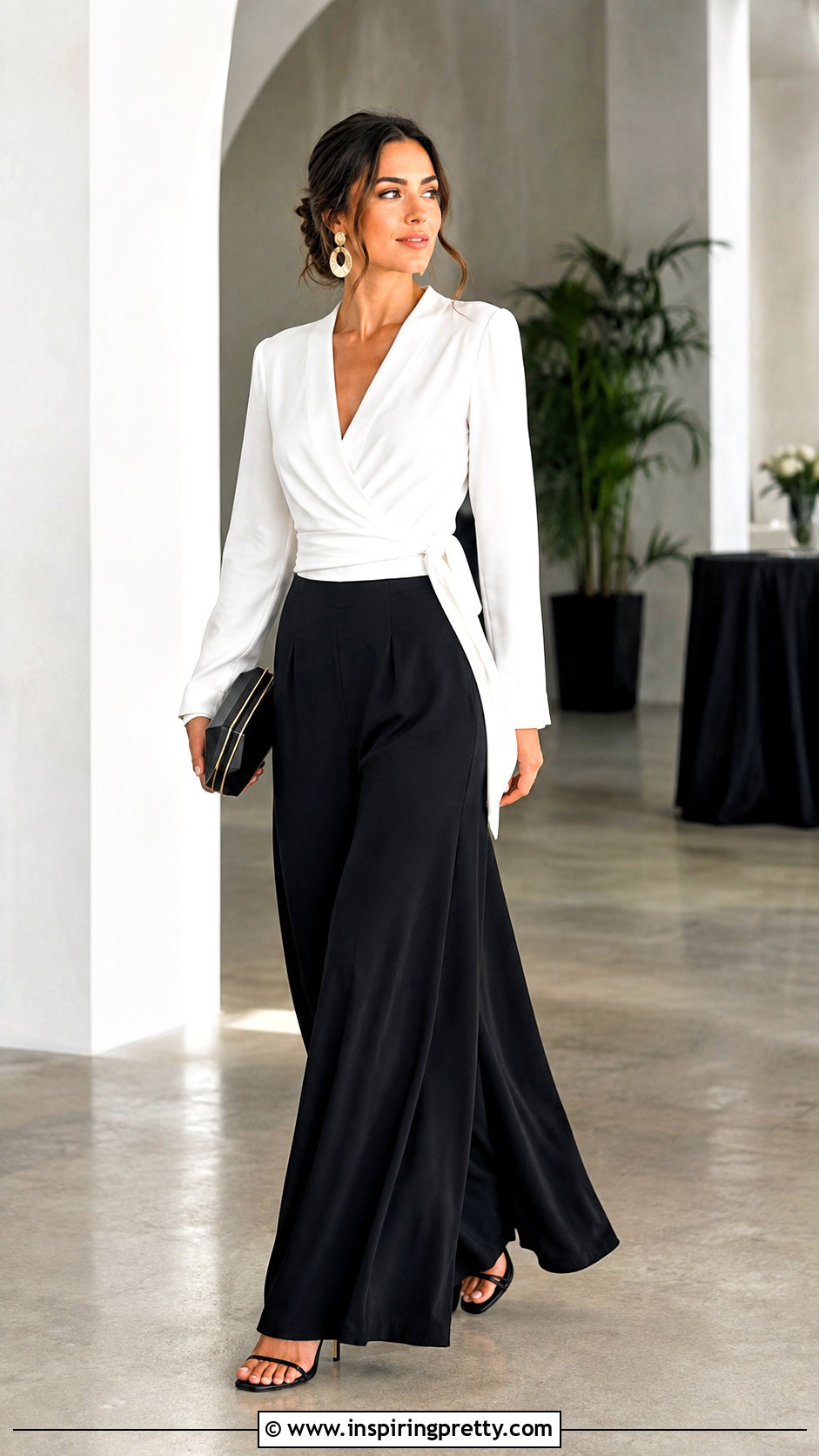 White Wrap Top With Black Palazzo Pants - 50 black and white top outfit ideas