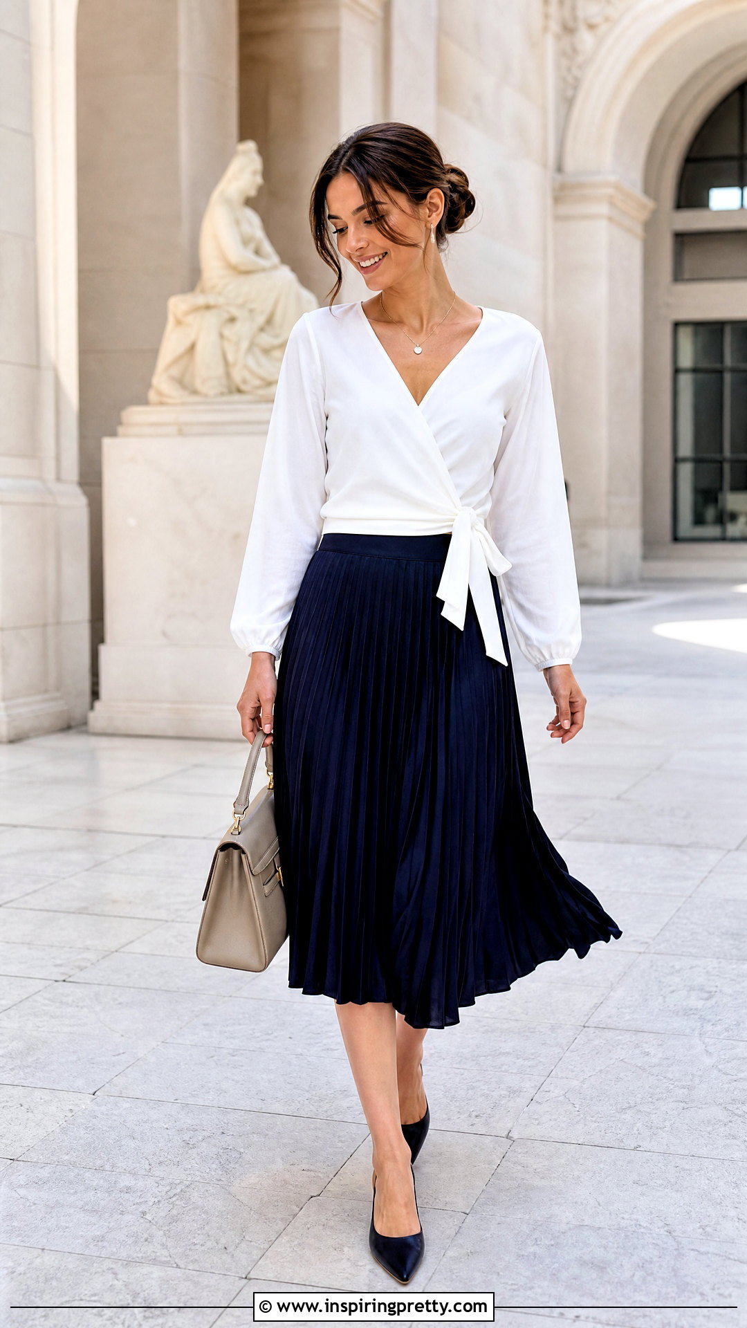 White Wrap Top With Pleated Midi Skirt - 50 classy white top outfits