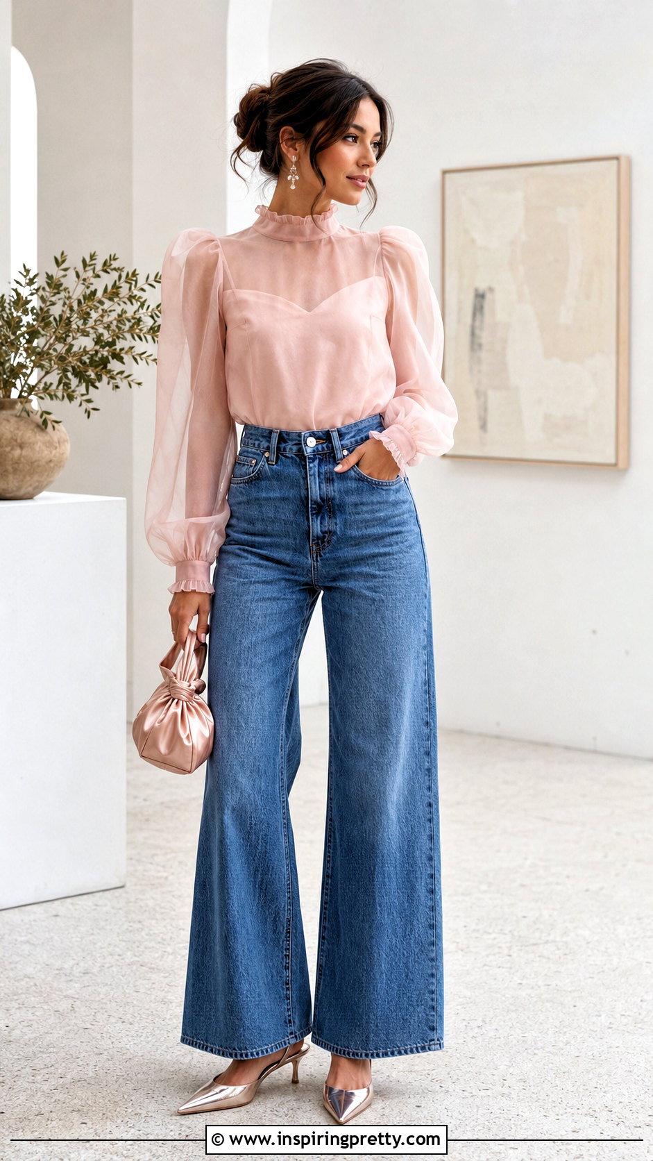 Wide Leg Jeans And Organza Blouse - 50 jeans and a nice top night out