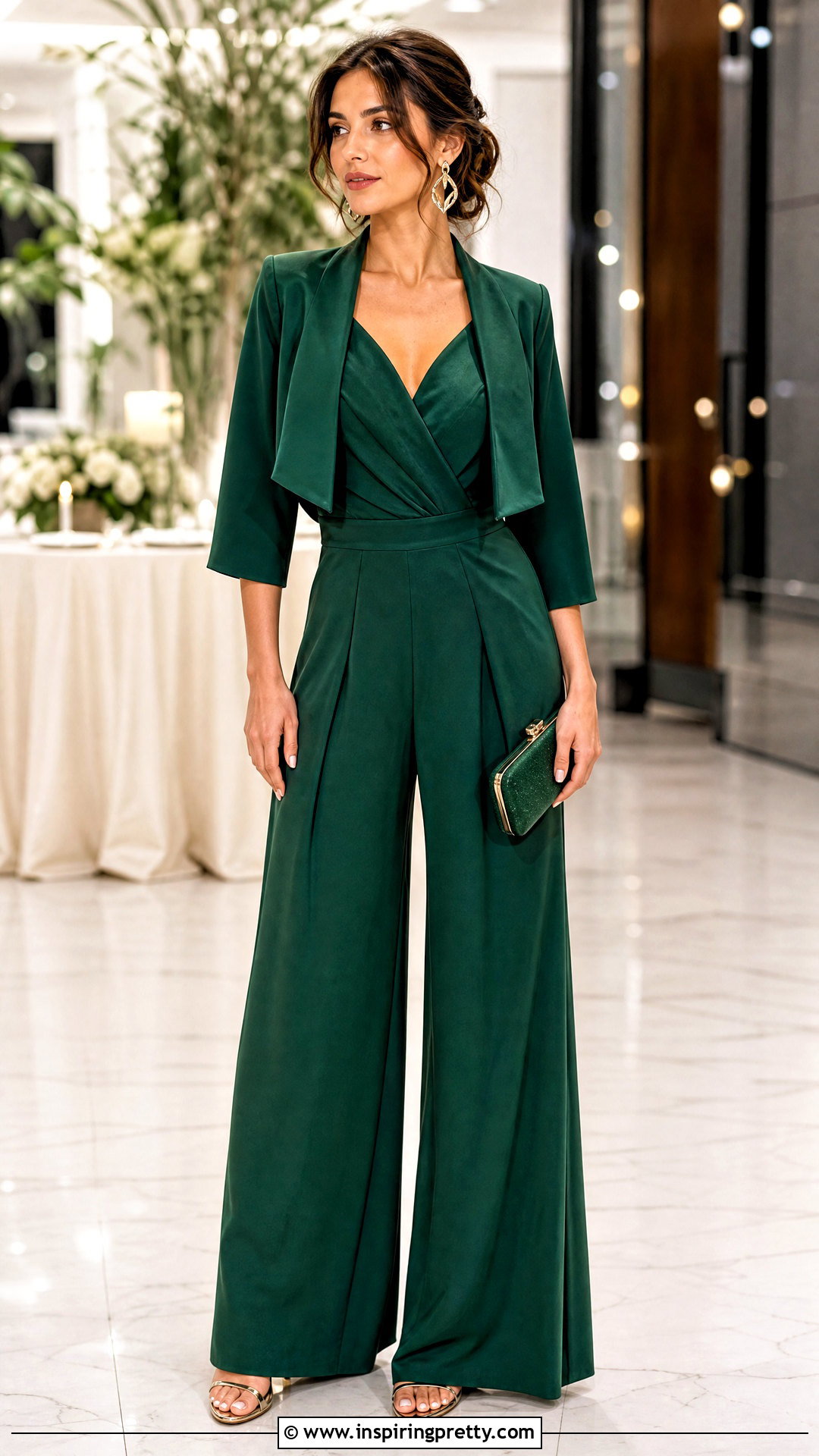 Wide Leg Jumpsuit And Metallic Sandals Outfit - 50 gathered top outfit ideas