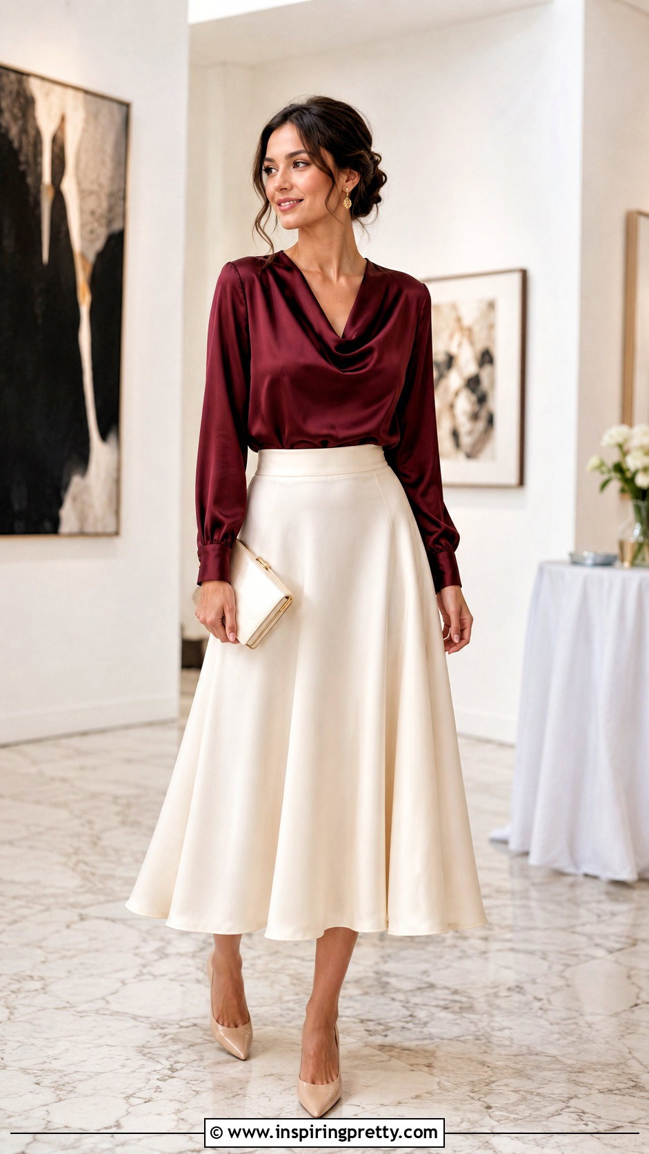 Wine Color Satin Top With Ivory Skirt - 20 Wine Color Top Outfit Ideas