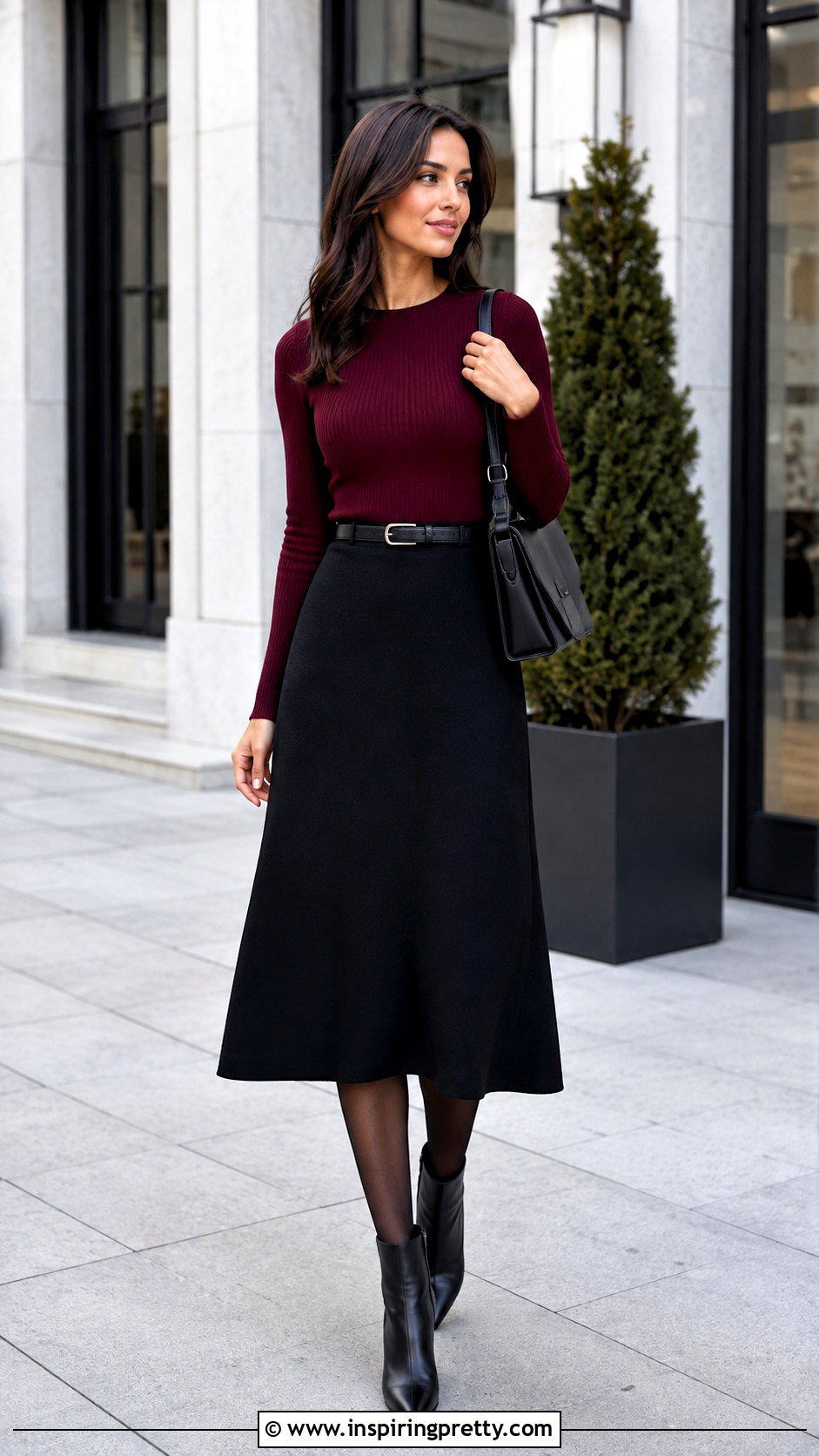 Wine Color Top With Black Midi Skirt - 20 Wine Color Top Outfit Ideas