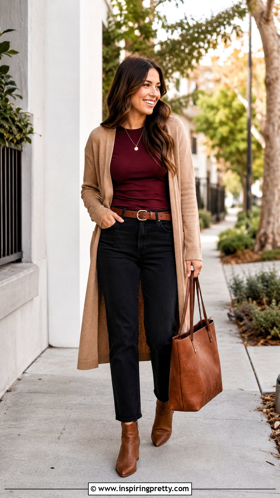 Wine Color Top With Camel Cardigan And Black Jeans - 20 Wine Color Top Outfit Ideas