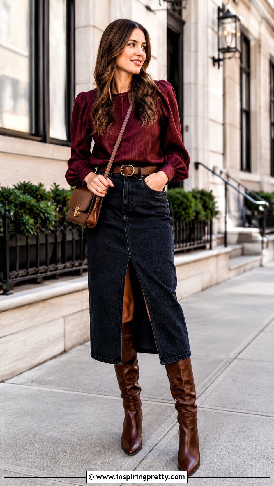 Wine Color Top With Denim Midi Skirt - 20 Wine Color Top Outfit Ideas
