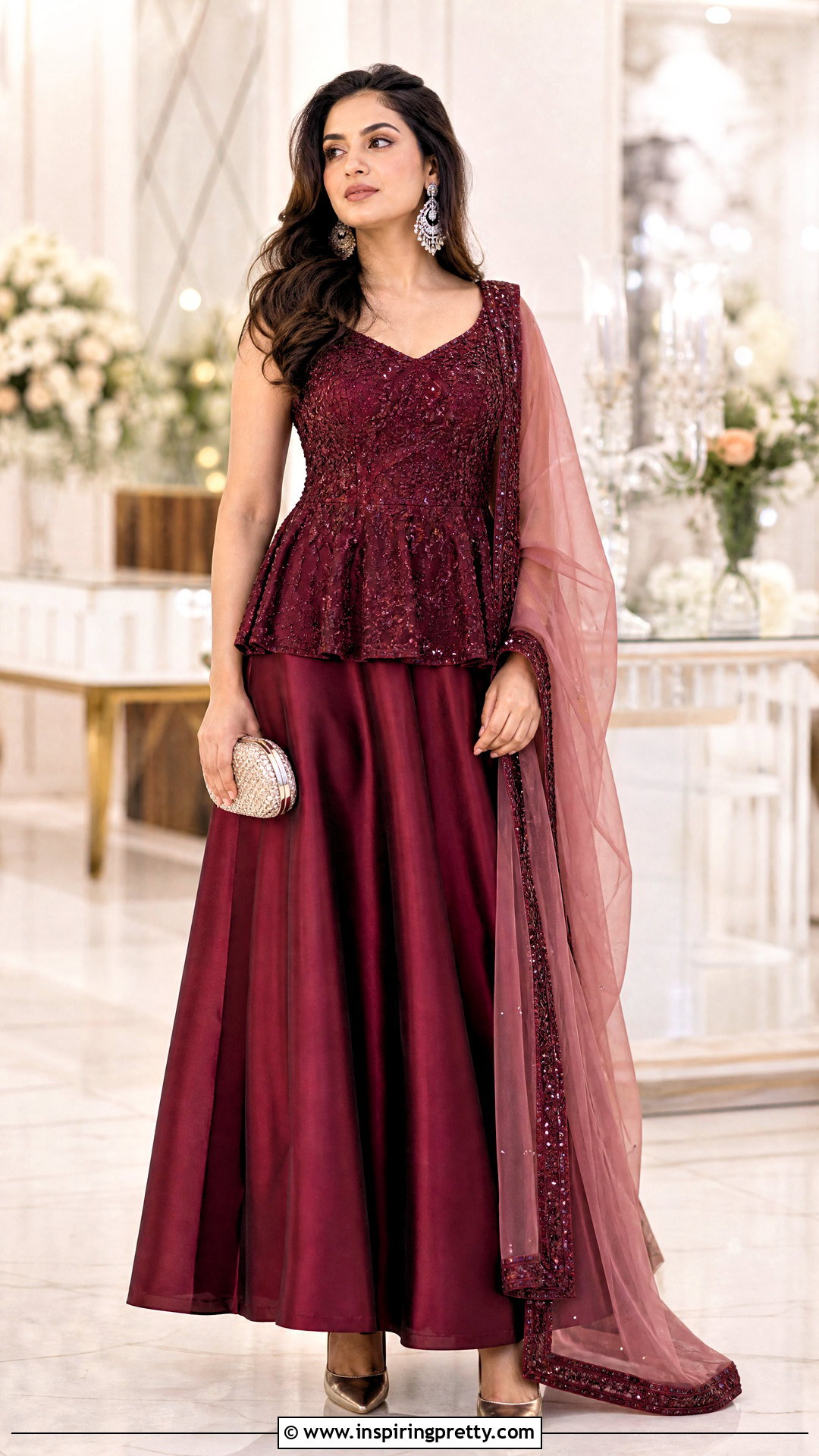 Wine Indian Peplum Top With Satin Lehenga - 50 indian peplum top outfits