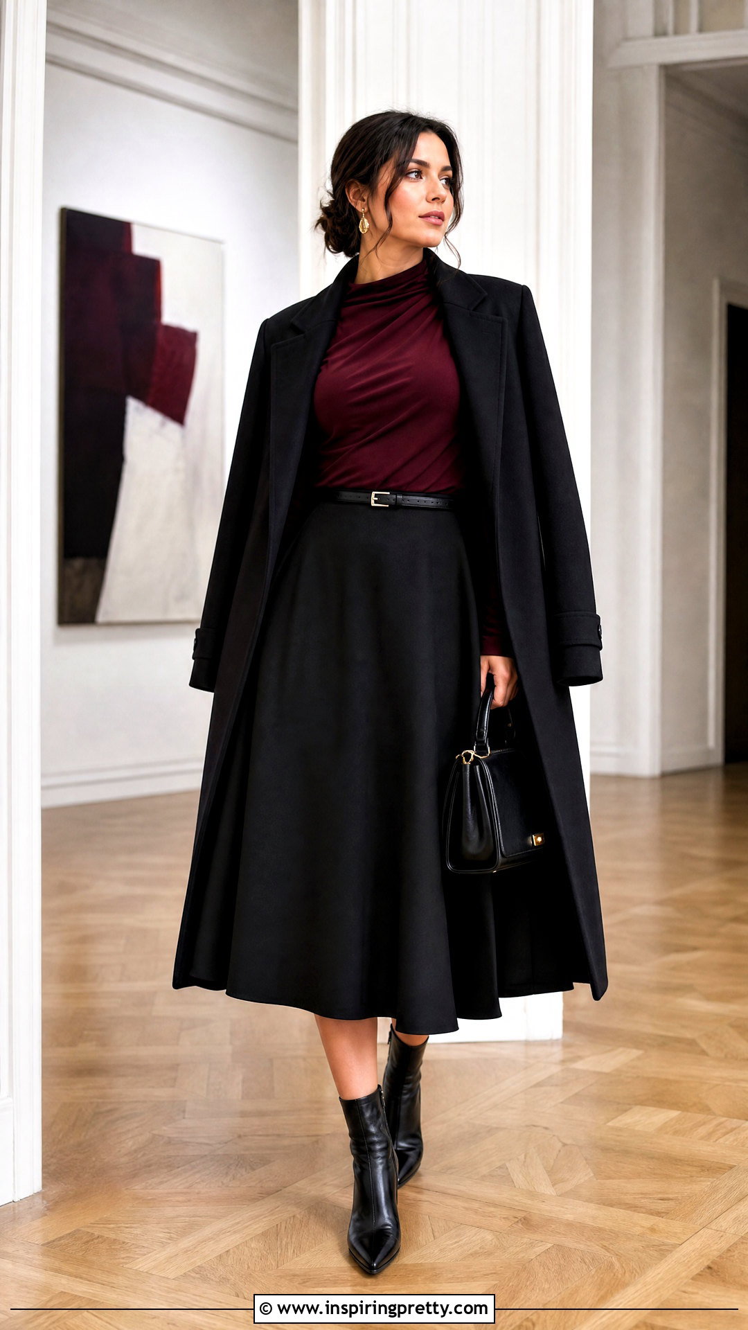 Wine Only For Tonight Top With Black Midi Skirt - 20 Only For Tonight Long Sleeve Top outfit ideas