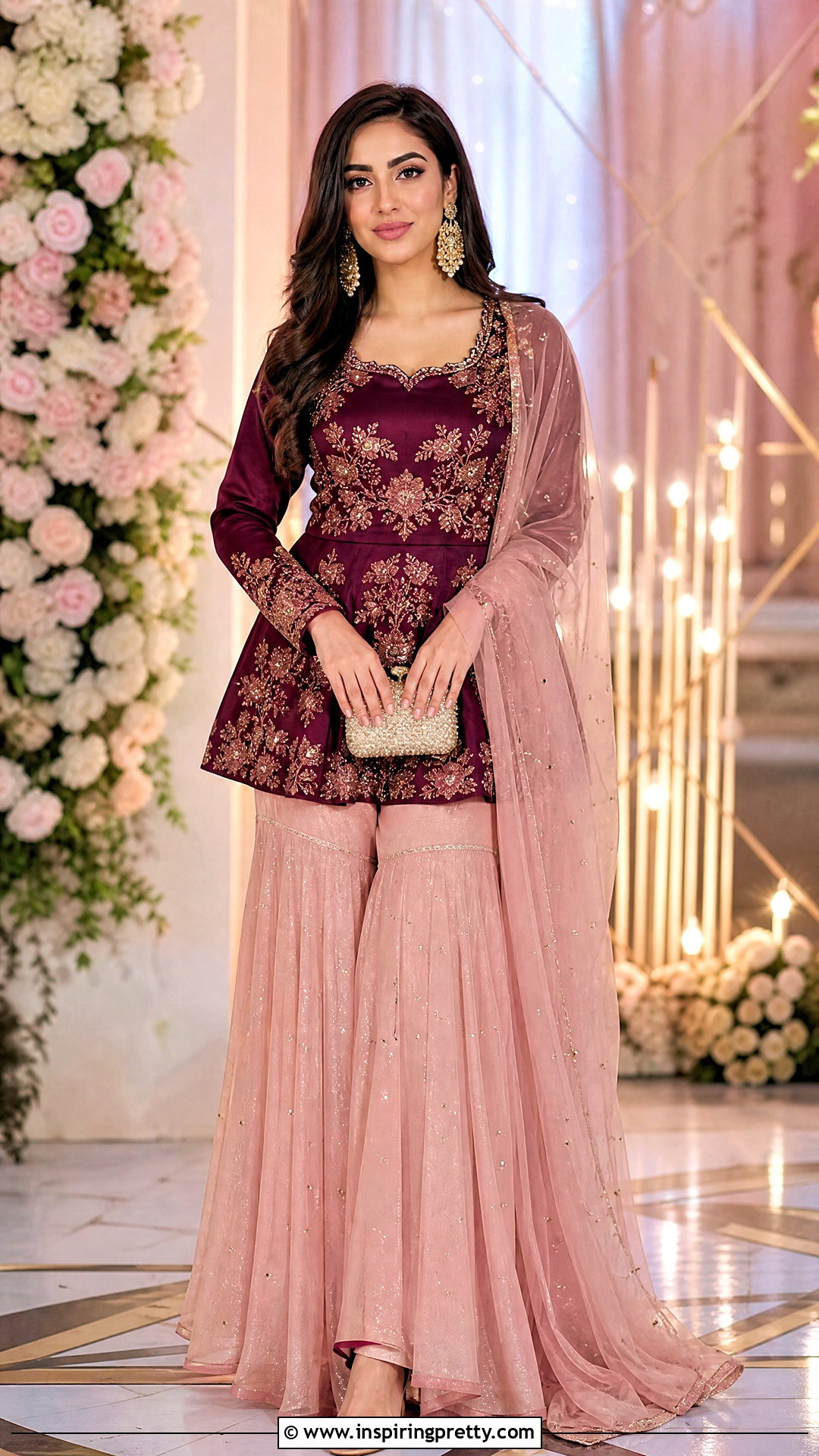 Wine Peplum Top With Blush Sharara - 50 peplum top with sharara outfit ideas