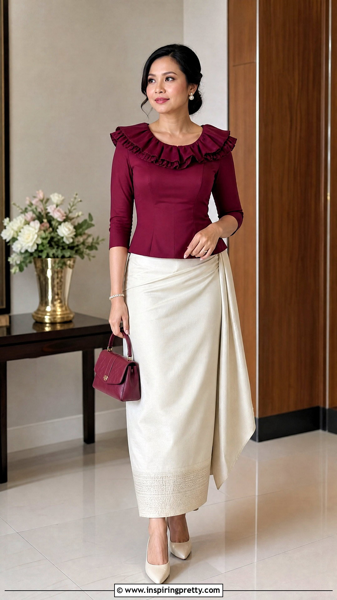 Wine Ruffle Collar Mizo Top With Cream Puan - 50 mizo tops designs