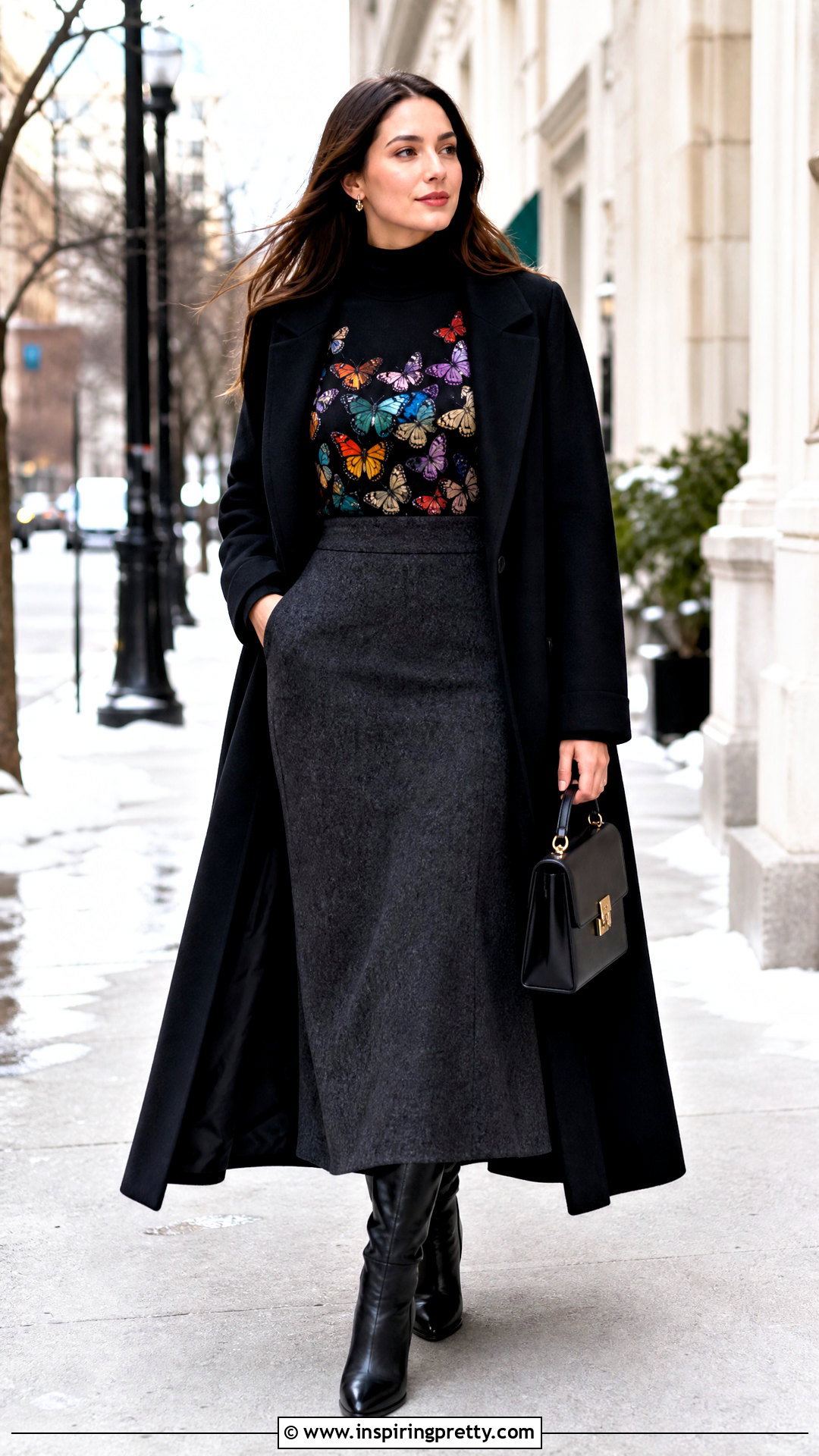 Winter Butterfly Applique Top With Turtleneck And Maxi Skirt - 25 butterfly applique top outfit ideas