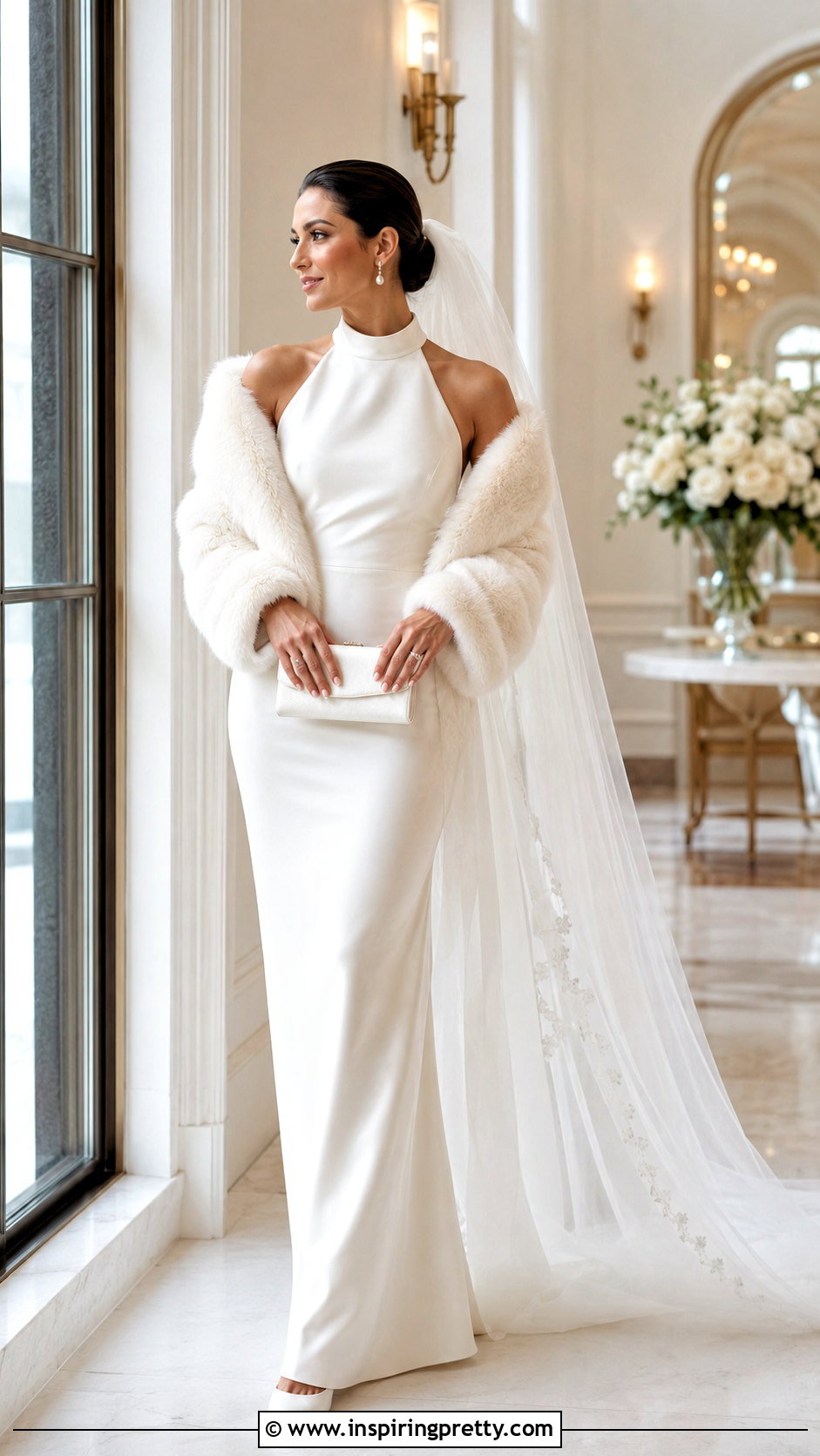 Winter Halter Wedding Dress With Faux Fur Stole - 50 halter top wedding dress outfit ideas