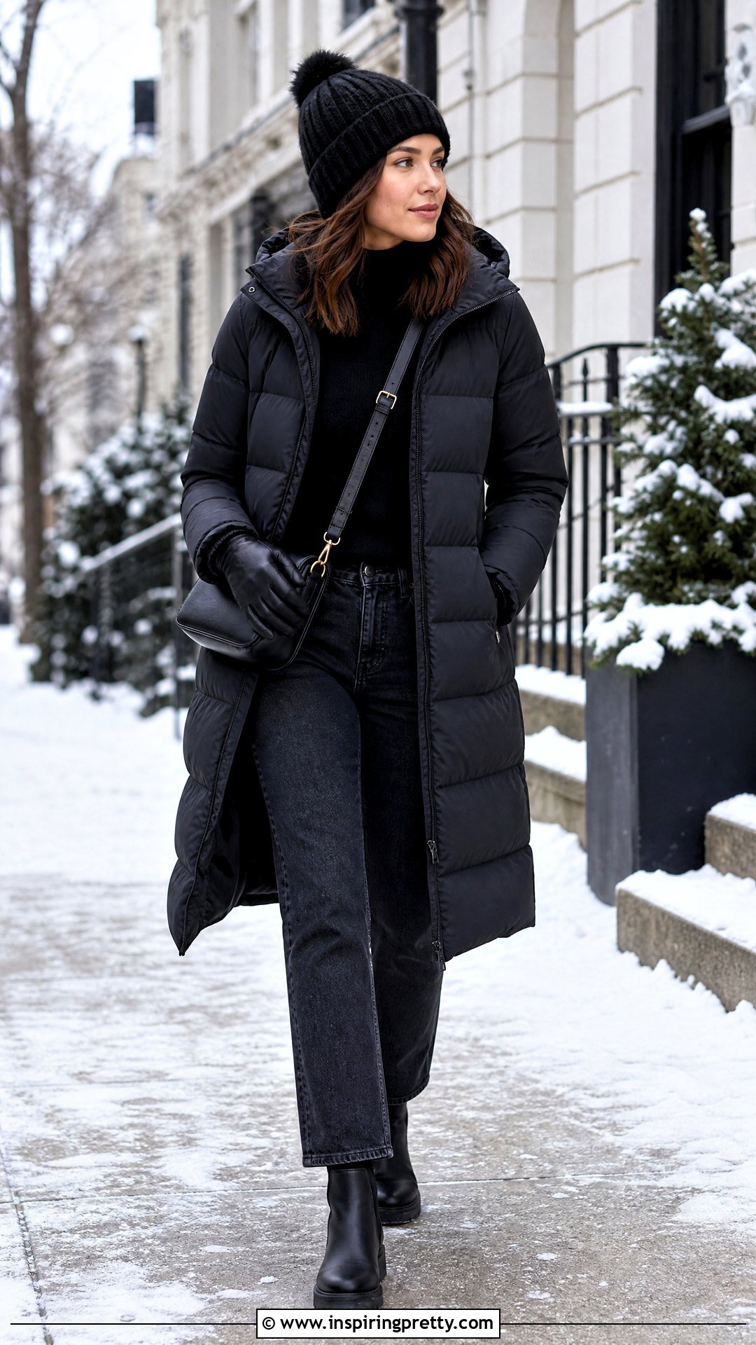 Winter Jeans And Black Turtleneck With Puffer Coat Outfit - 50 jeans and black top outfit ideas