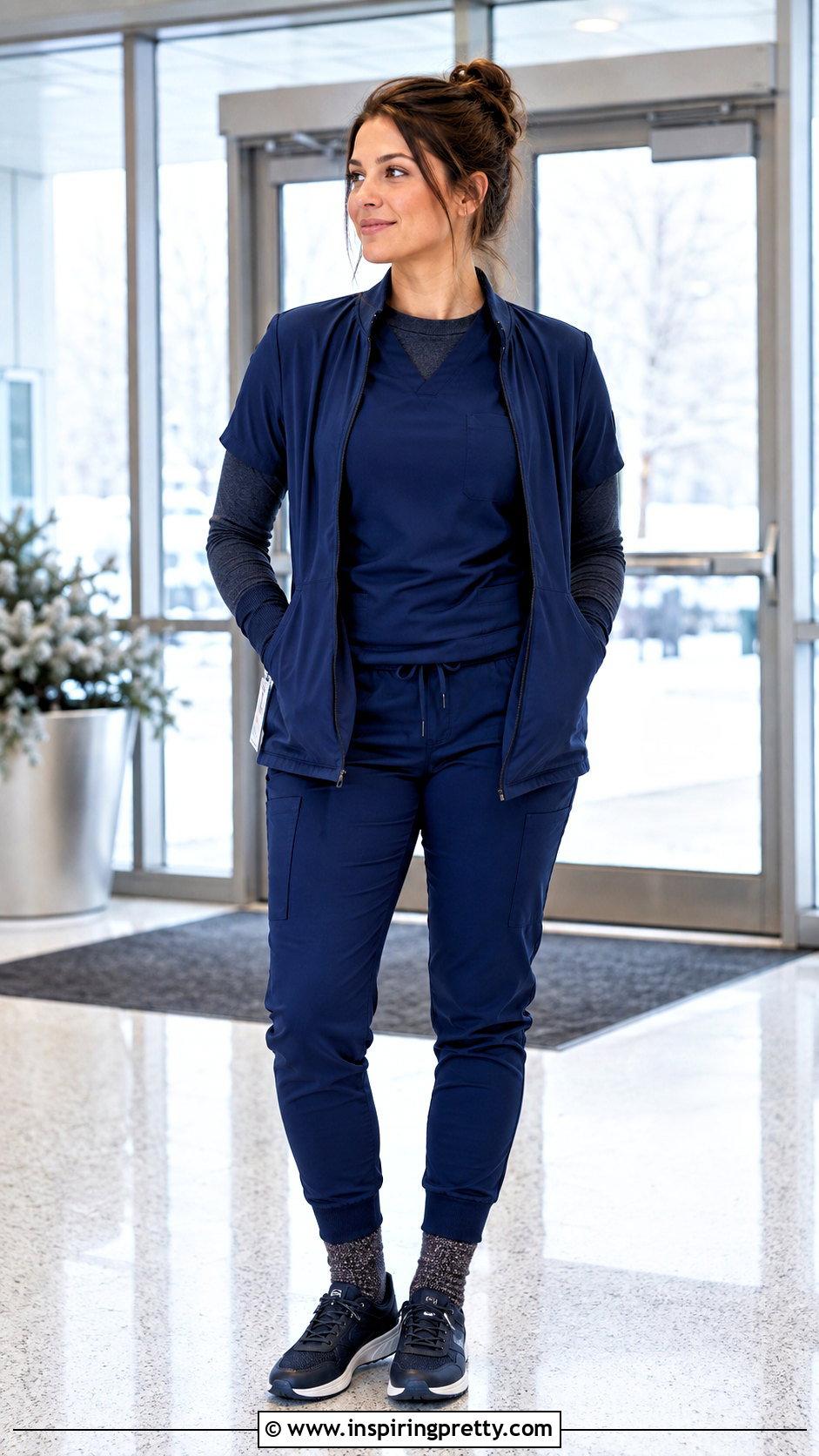 Winter Nurse Scrub Top With Thermal Underscrub And Joggers - 25 nurses uniform tops outfit ideas