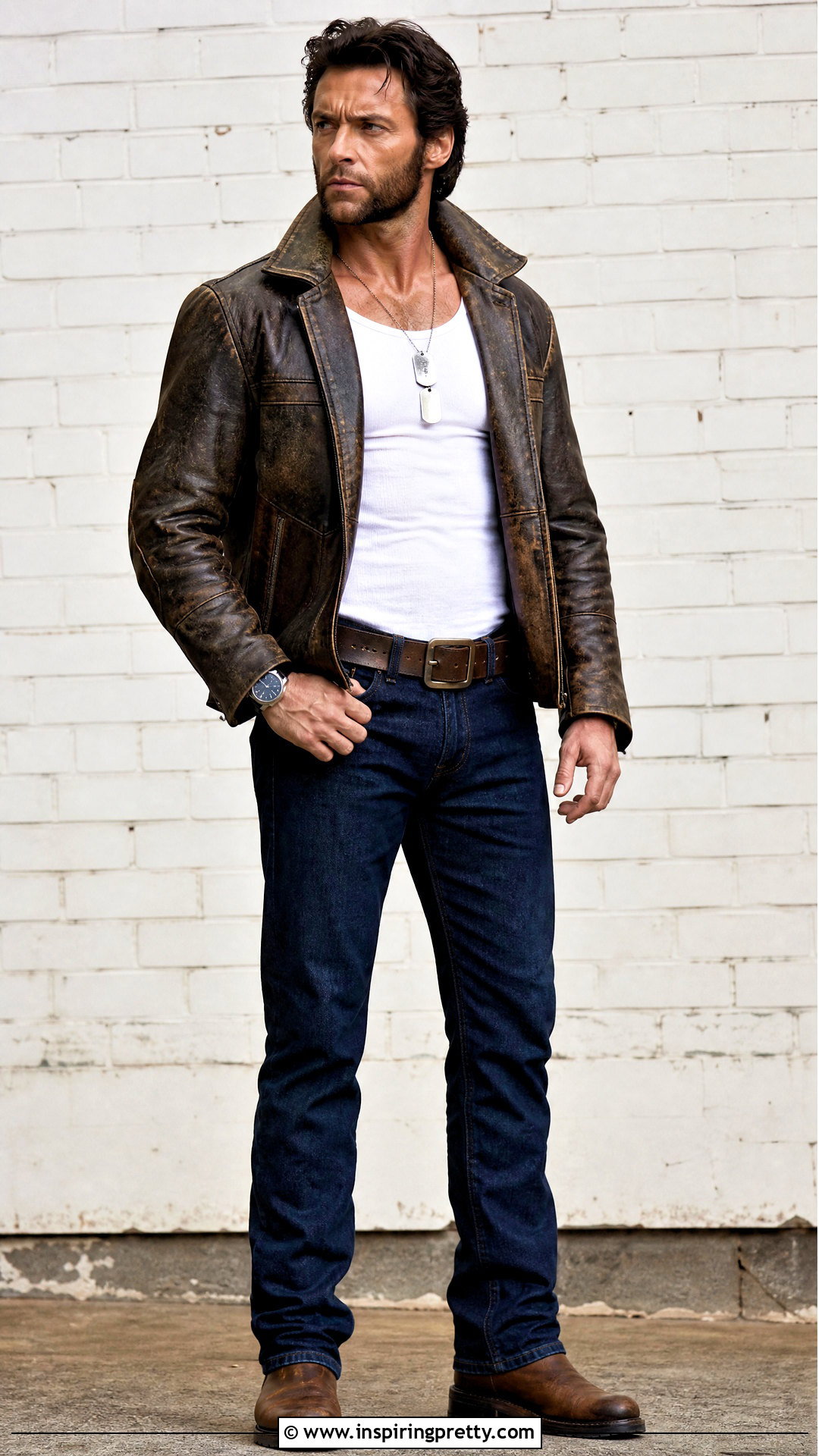 Wolverine White Tank Top And Brown Leather Jacket Outfit - 20 hugh jackman wolverine tank top outfit ideas