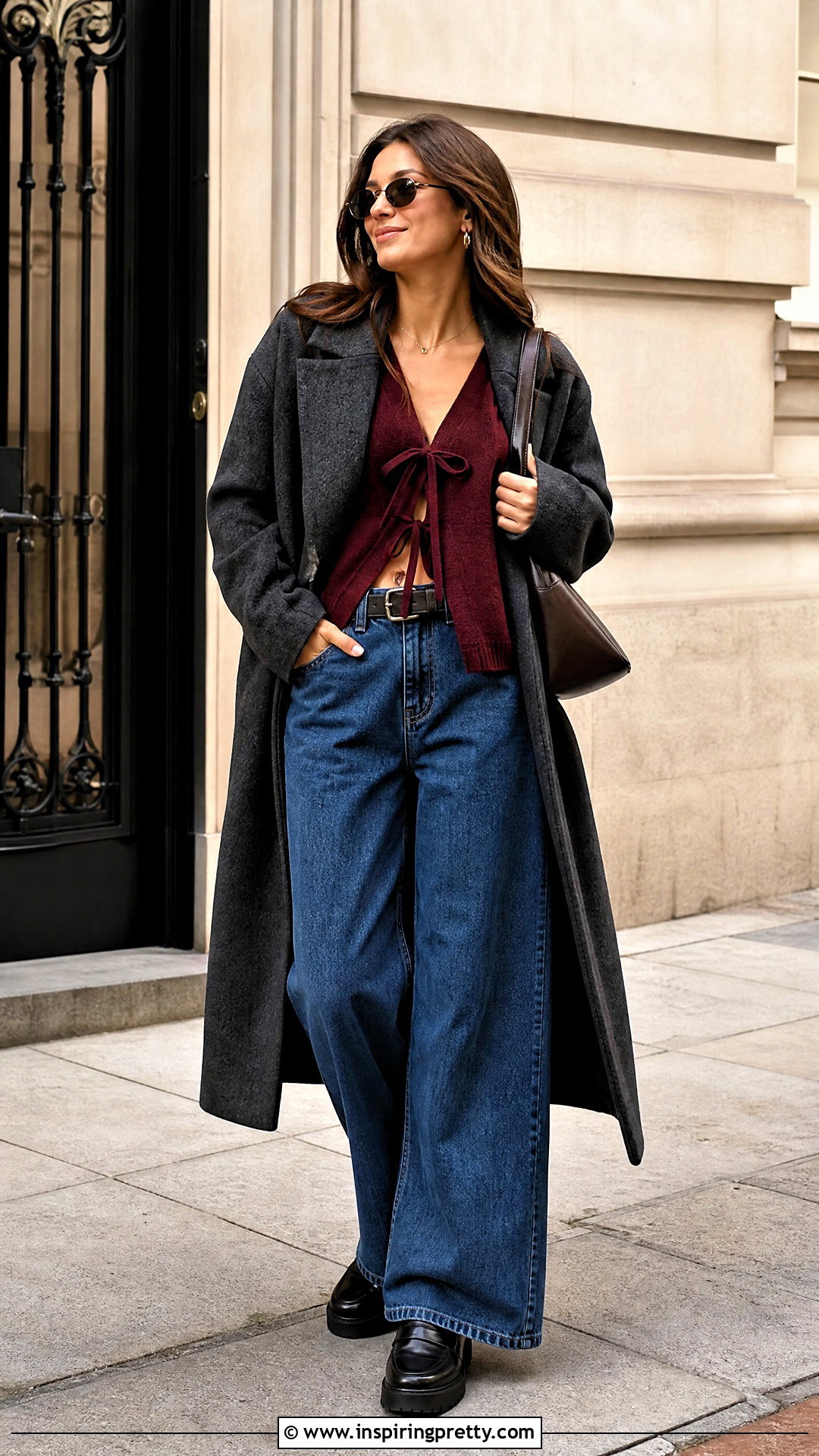 Woolen Tie Front Top With Wide Leg Jeans - 50 woolen tops for women