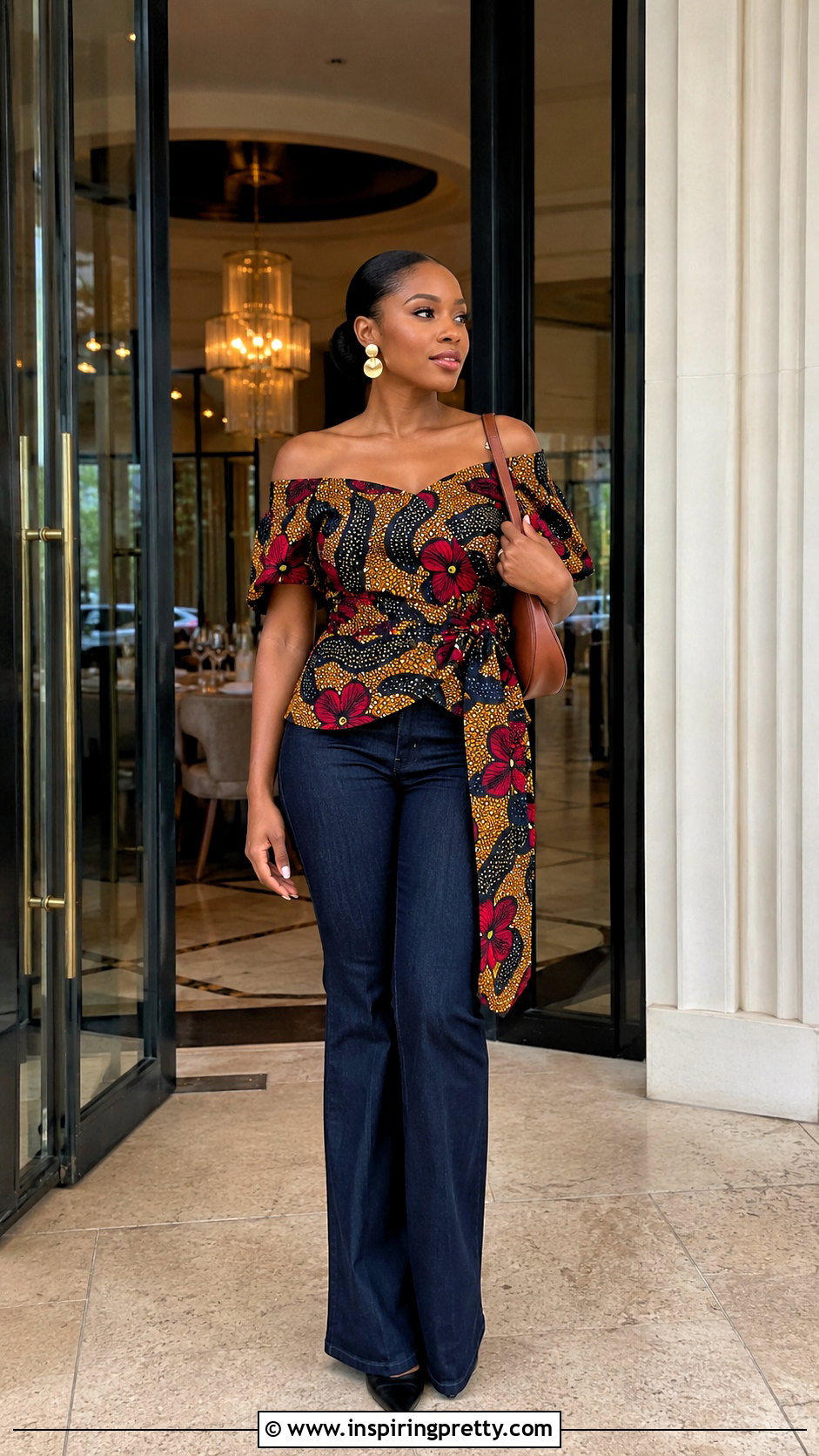 Wrap Ankara Off Shoulder Top With Bootcut Jeans - 20 ankara tops with jeans off shoulder outfits