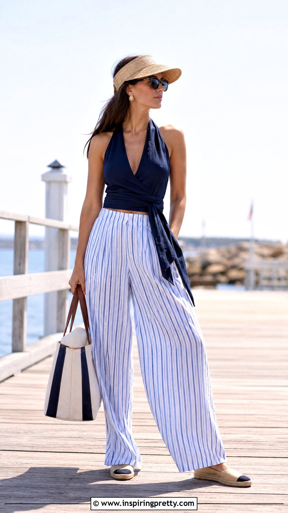 Wrap Around Swimsuit Top With Striped Wide Leg Pants - 20 Wrap Around Swimsuit Top outfit ideas