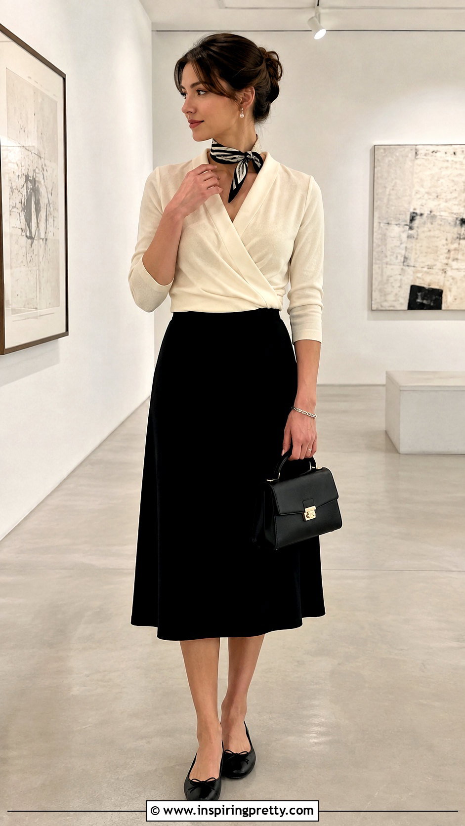 Wrap Audrey Hepburn Top With Black Midi Skirt - 25 Audrey Hepburn Tops outfit ideas