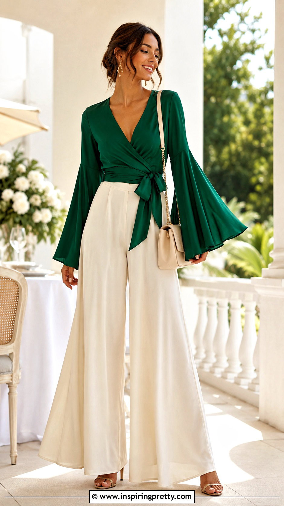Wrap Bell Sleeve Top With Palazzo Pants - 50 bell sleeve top outfit ideas