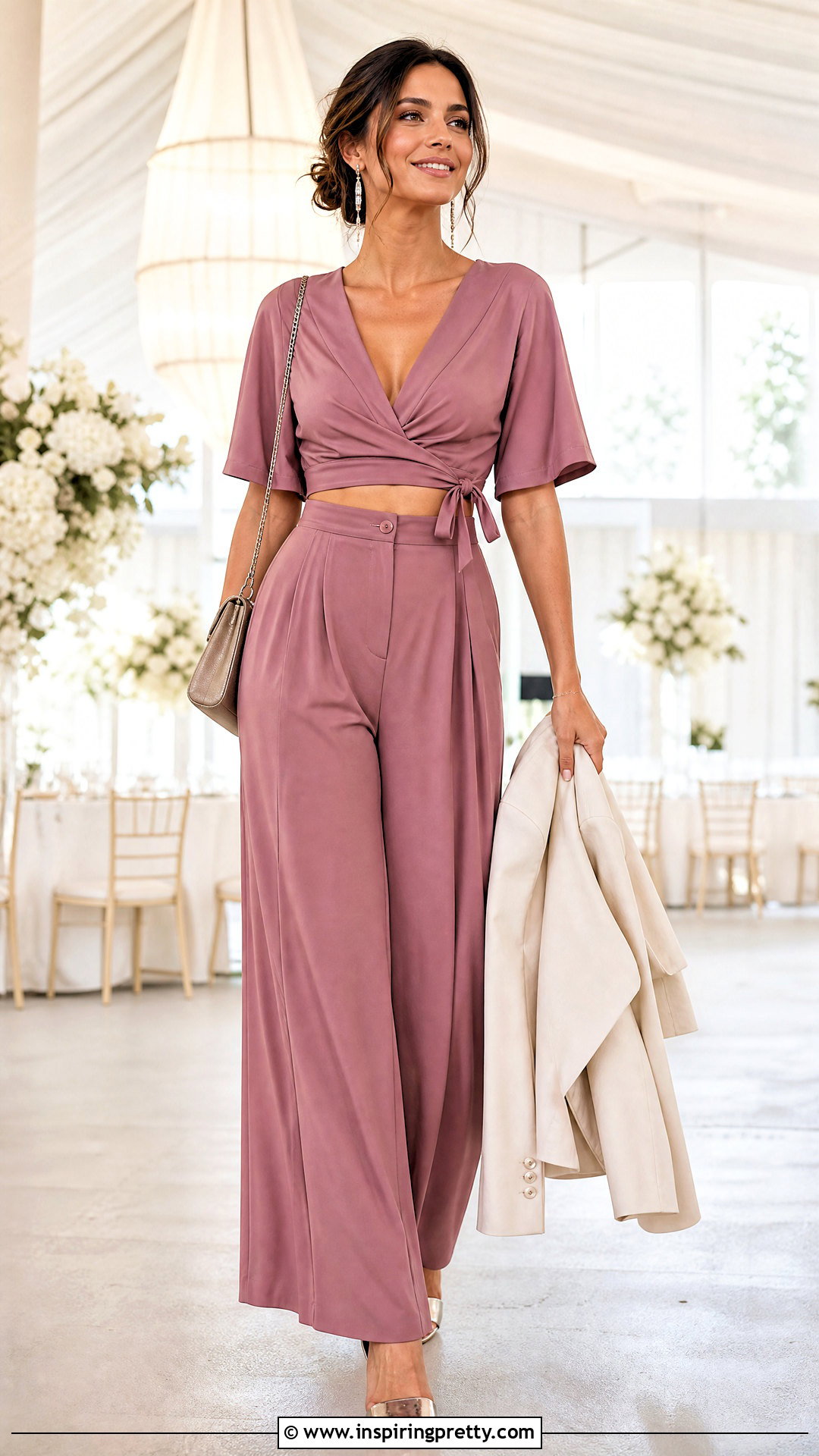 Wrap Crop Top And Flowing Pants Wedding Outfit - 25 crop top pants wedding ideas