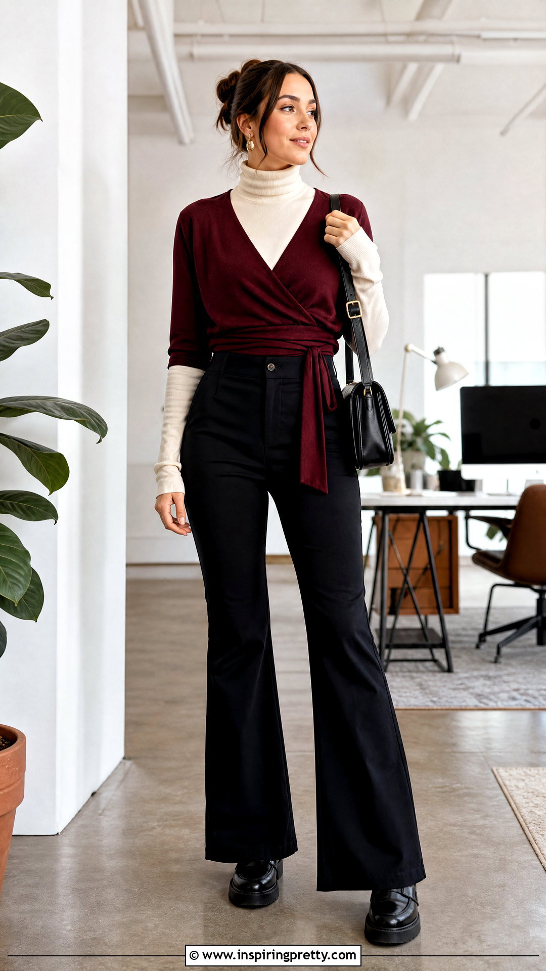 Wrap Crop Top Over Turtleneck With Flared Pants - 25 Crop Top Over Turtleneck outfit ideas