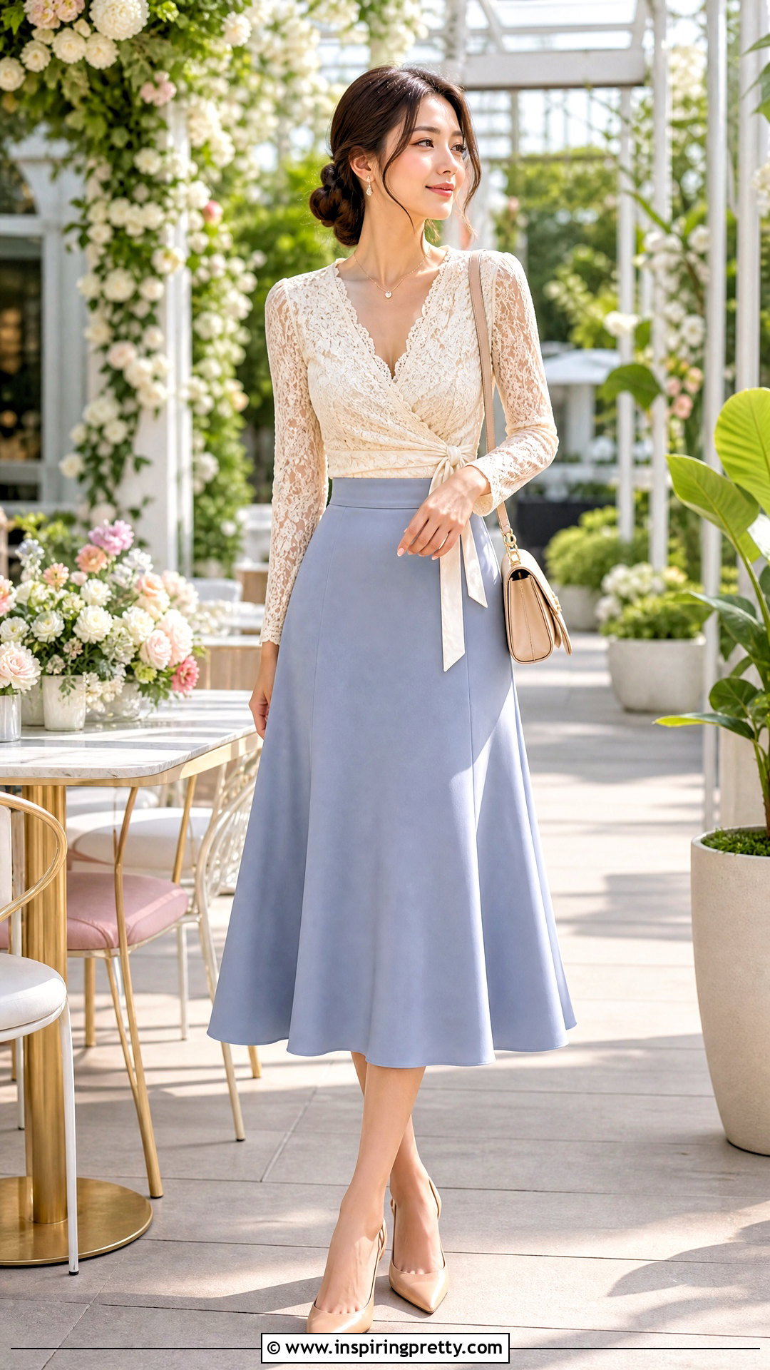 Wrap Lace Top With Midi Skirt - 50 Lace Top Outfit Aesthetic Ideas