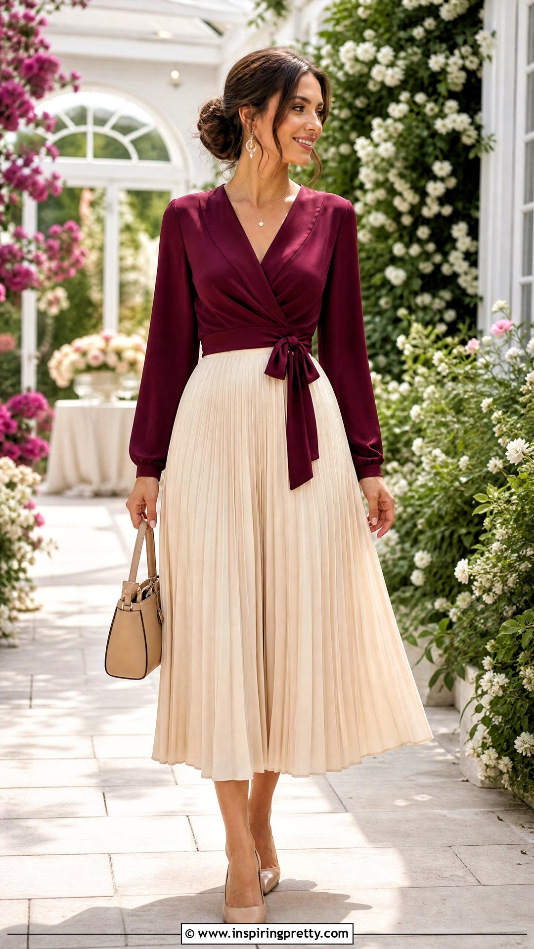 Wrap Long Sleeve Top With Pleated Midi Skirt - 50 cute long sleeve tops outfit ideas