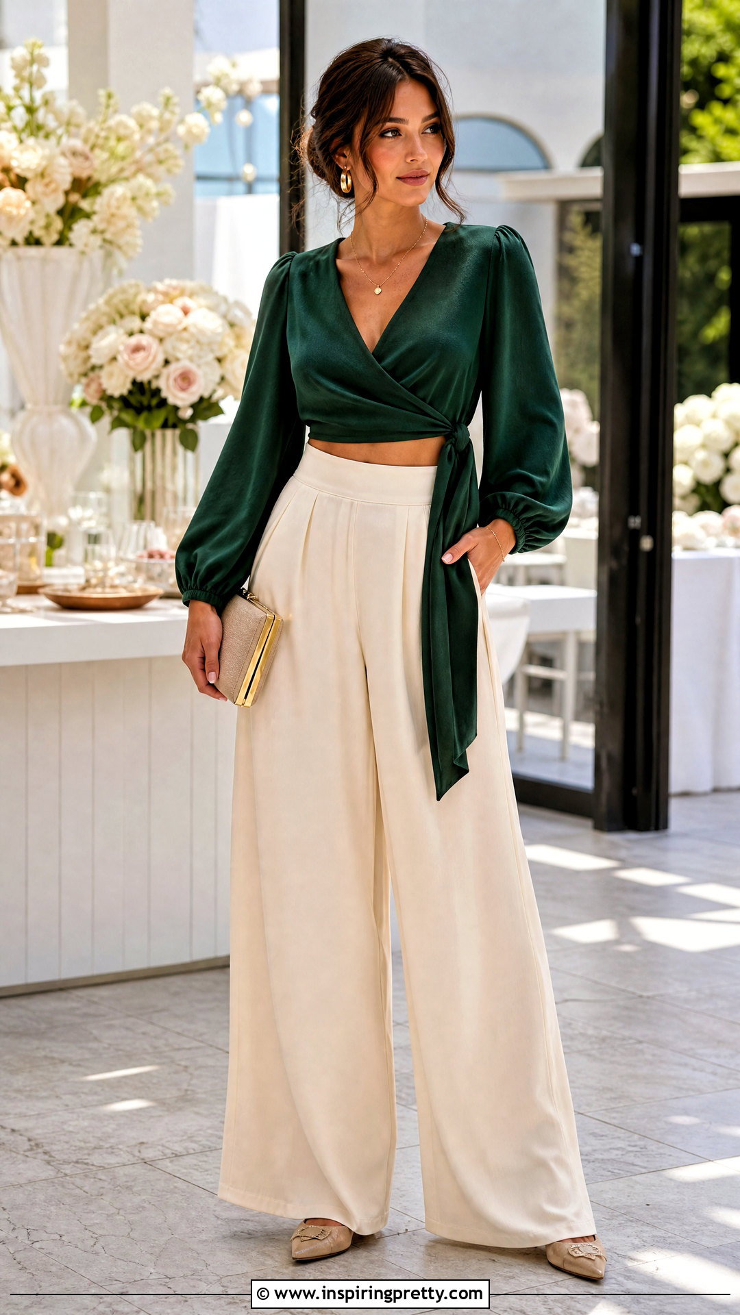 Wrap Long Sleeve V Neck Crop Top With Palazzo Pants - 25 Long Sleeve V Neck Crop Top outfit ideas