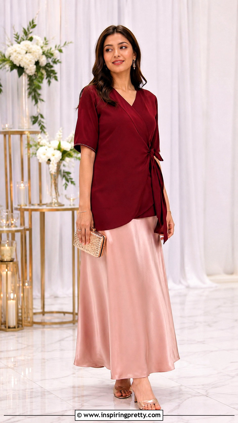 Wrap Short Kurti With Satin Maxi Skirt - 50 short kurti top outfit ideas