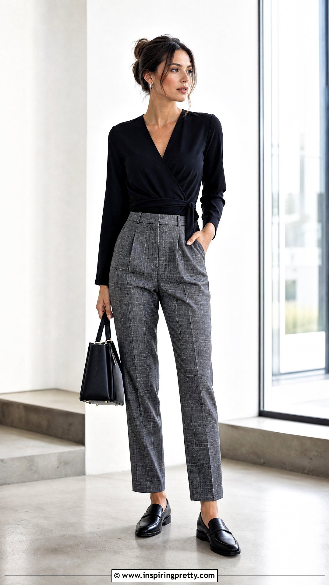 Wrap Top With Checkered Pants - 50 wrap top outfit ideas