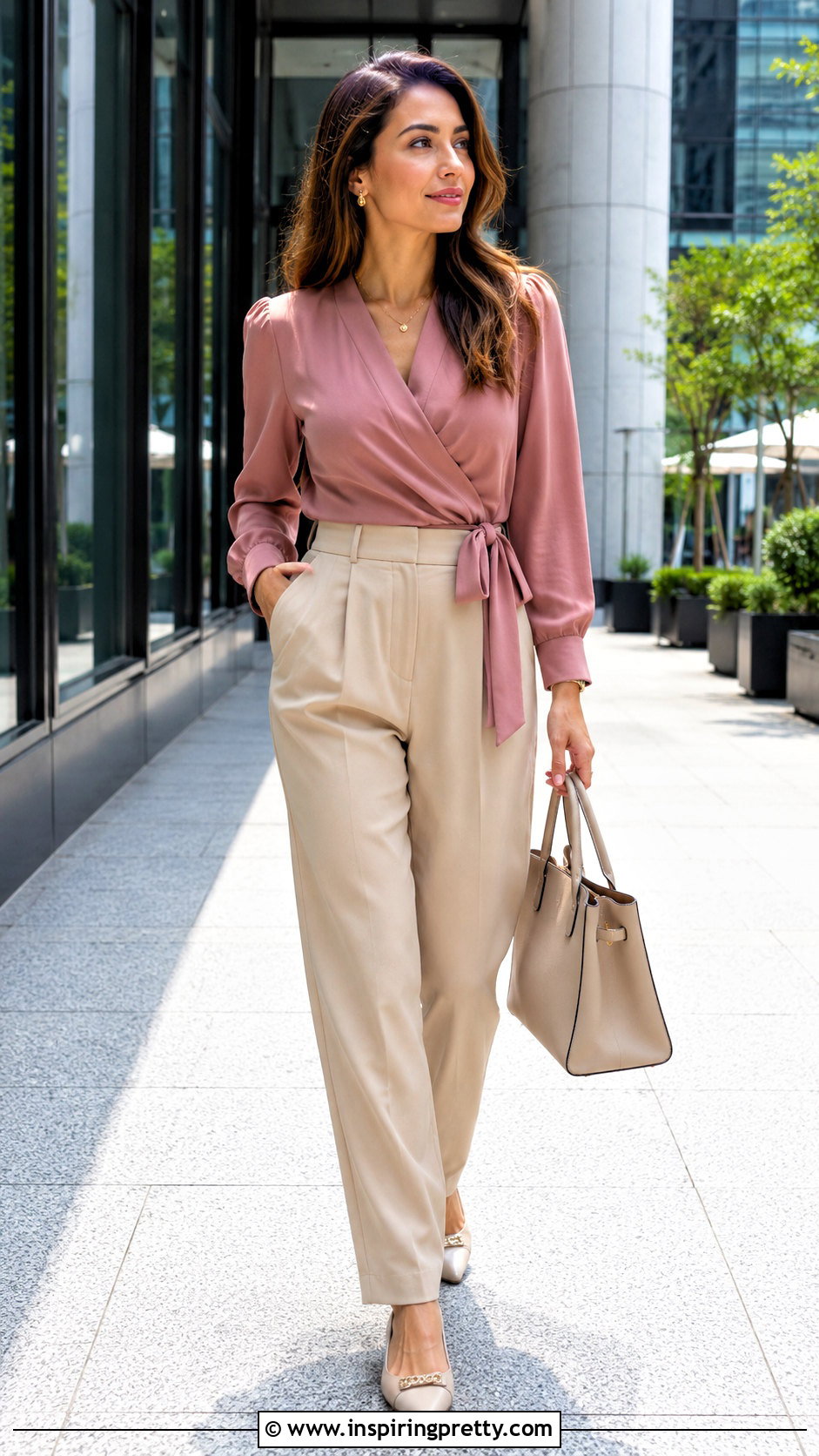 Wrap Top With Pleated Trousers - 50 girly tops outfit ideas