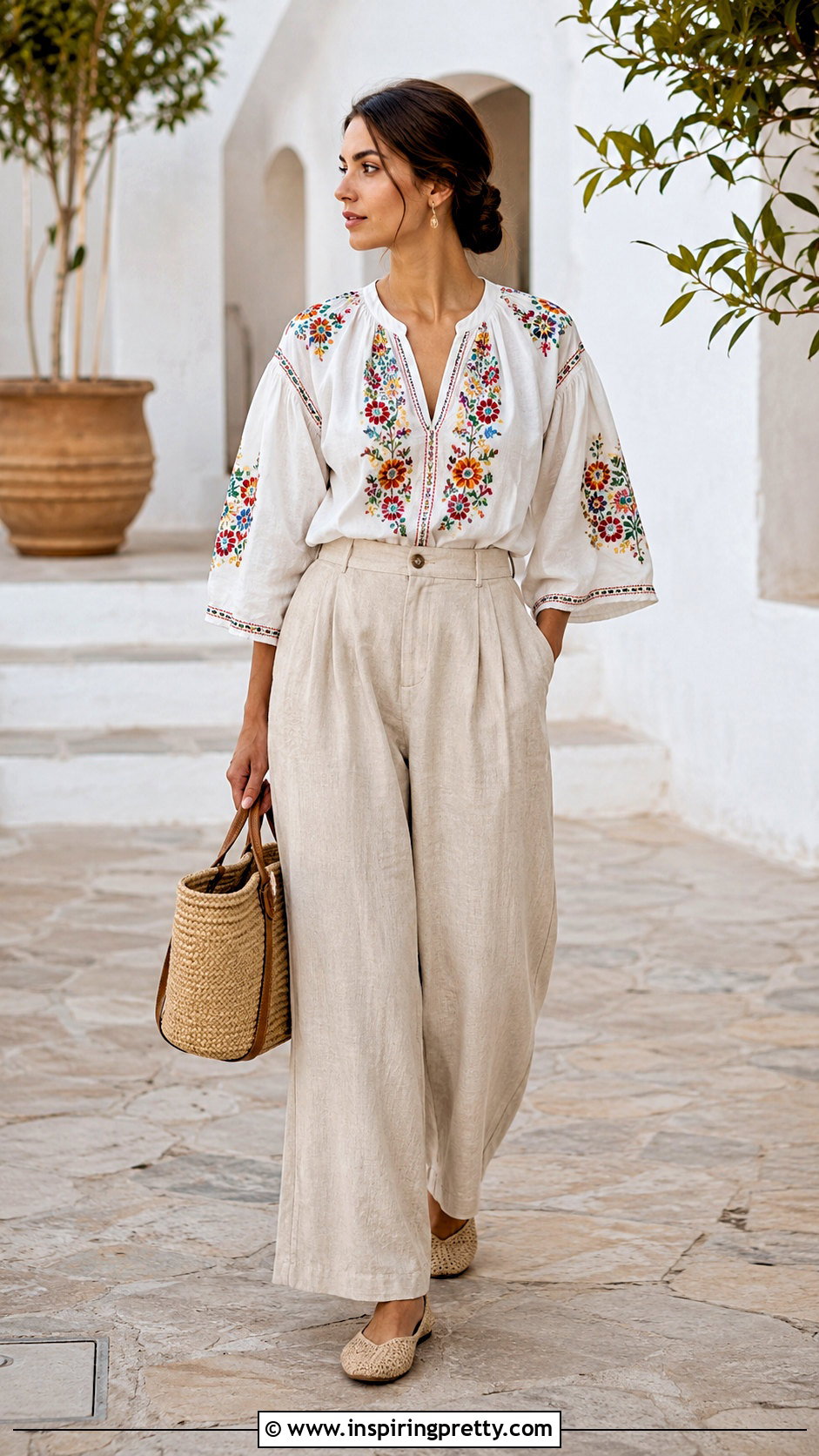 XOXO Embroidered Top With Linen Pants - 20 Xoxo Tops outfit ideas