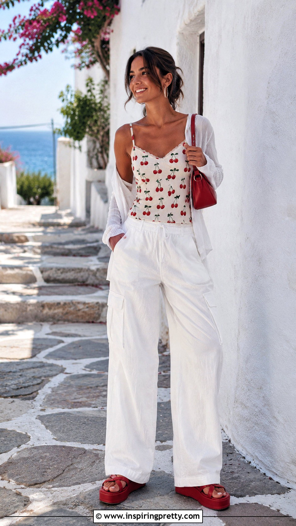 Y K Cherry Print Cami With White Cargo Pants - 50 y2k tops 2000s