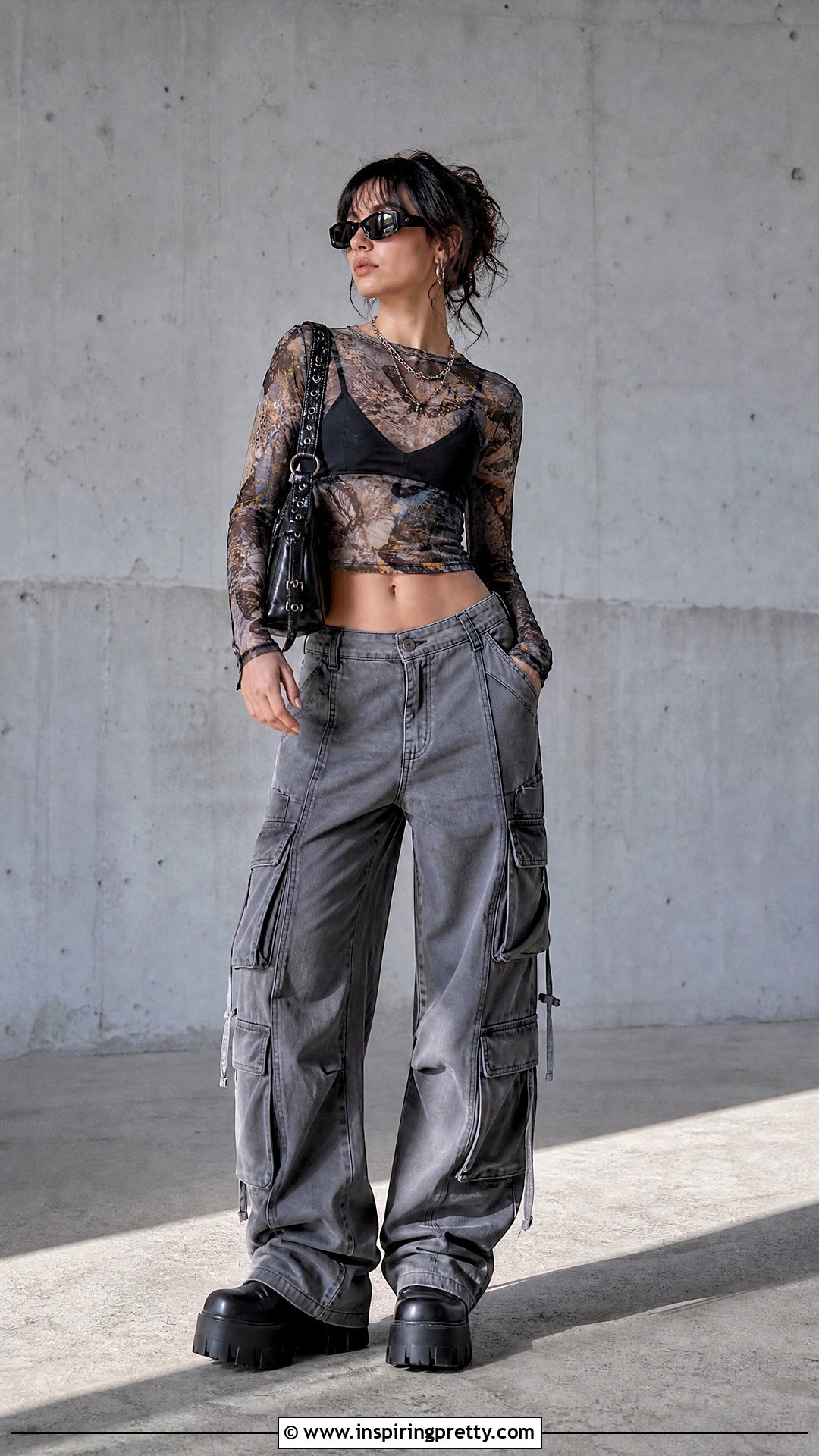 Y K Mesh Crop Top With Cargo Pants - 50 y2k crop top outfit ideas