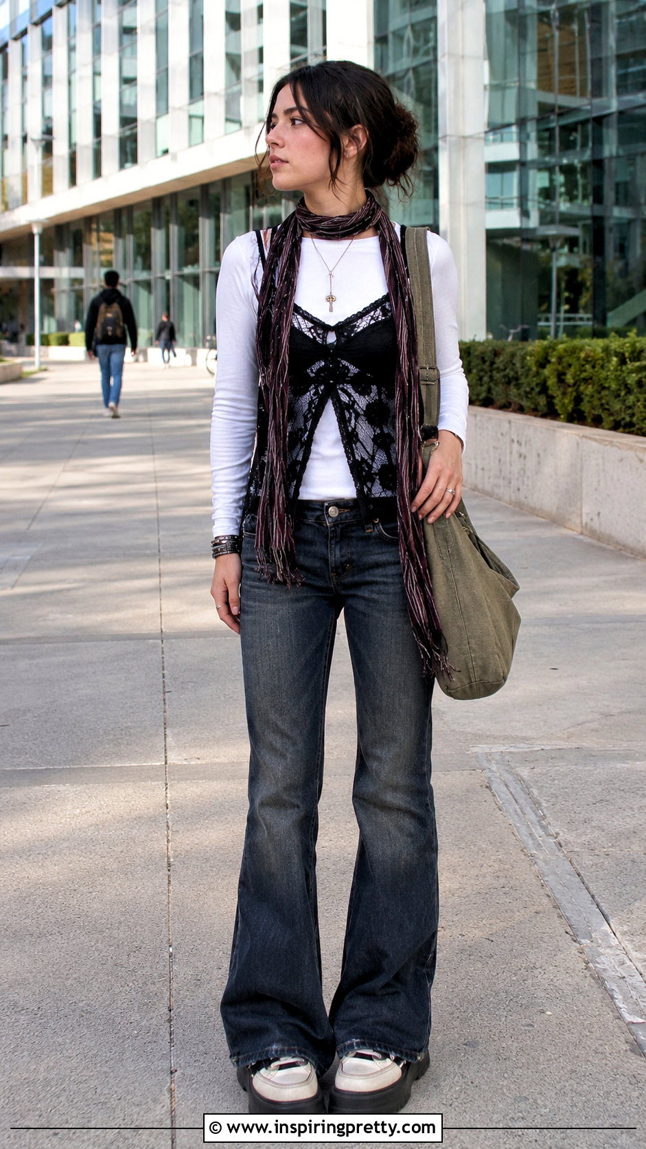 Y K Mesh Lace Tank Top Over a Long Sleeve Shirt - 20 y2k mesh lace tank top outfit ideas
