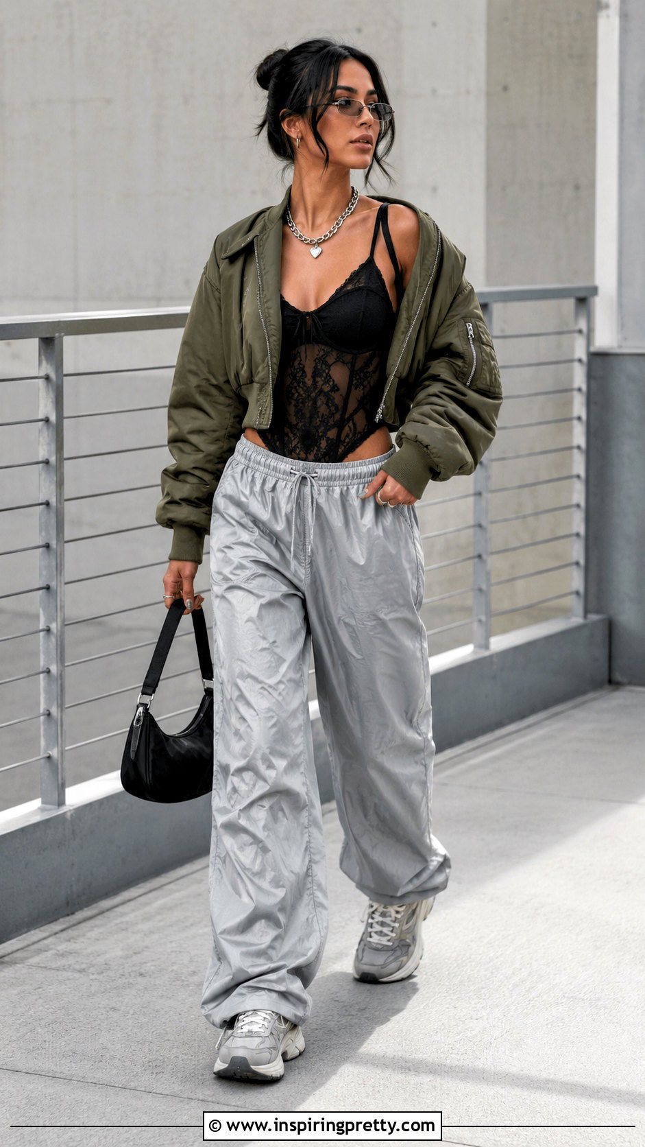 Y K Mesh Lace Tank Top With Parachute Pants and a Bomber Jacket - 20 y2k mesh lace tank top outfit ideas