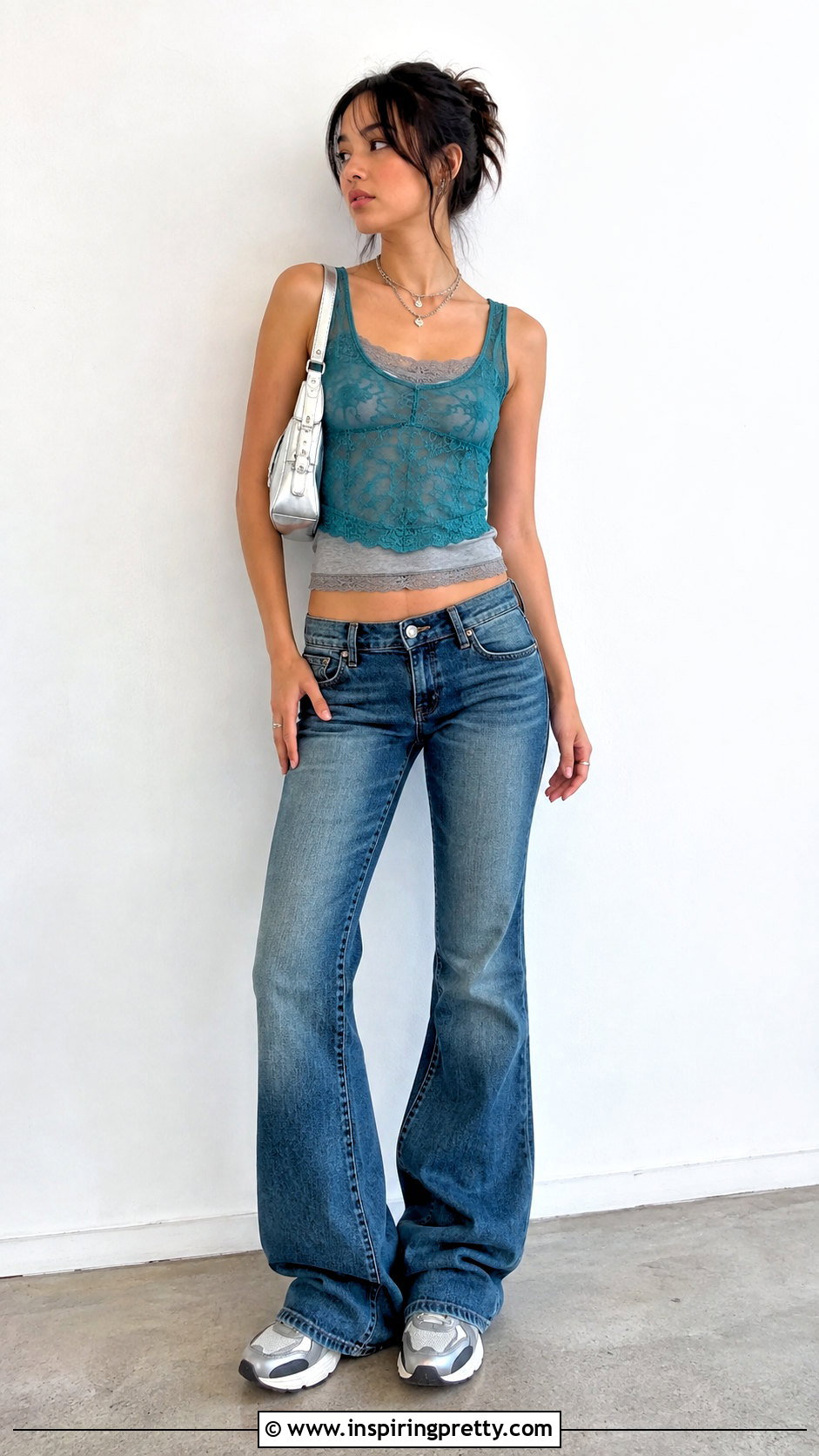 Y K Mesh Lace Tank Top With a Layered Camisole - 20 y2k mesh lace tank top outfit ideas