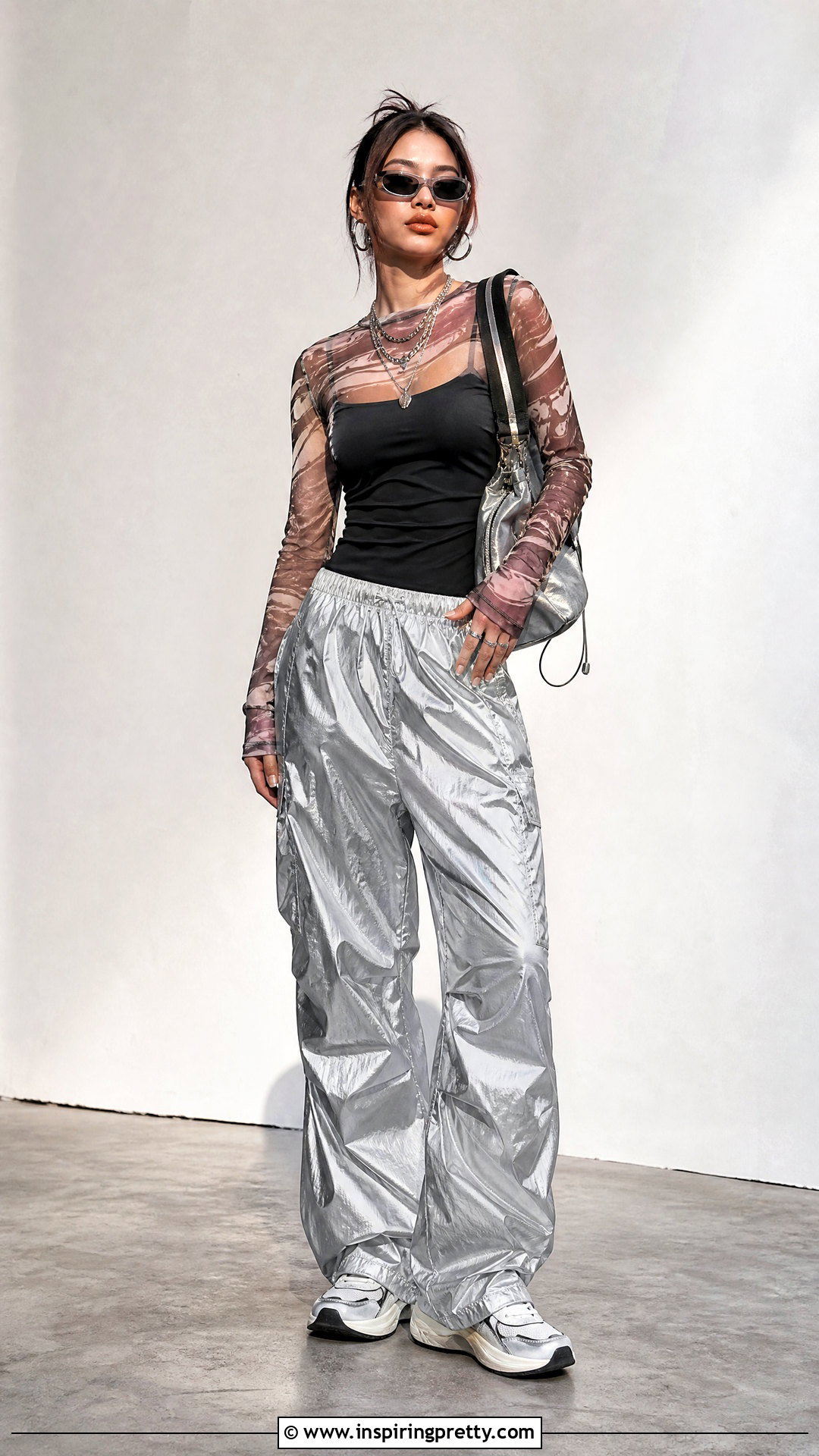 Y K Mesh Top And Parachute Pants Outfit - 50 y2k tops outfit ideas